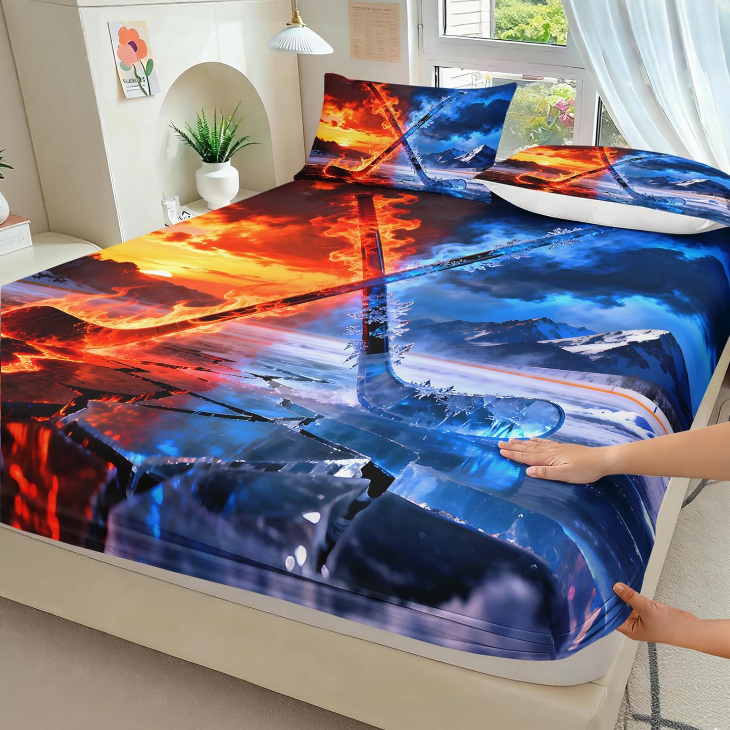 HOSIMA Hockey Bedding Queen for Kids,Hockey Stick Wrapped in Ice and Flame,Different Background Pattern Sports Fitted Sheet for Boys Room Decor,1 Fitted Sheet+2 Pillowcases.