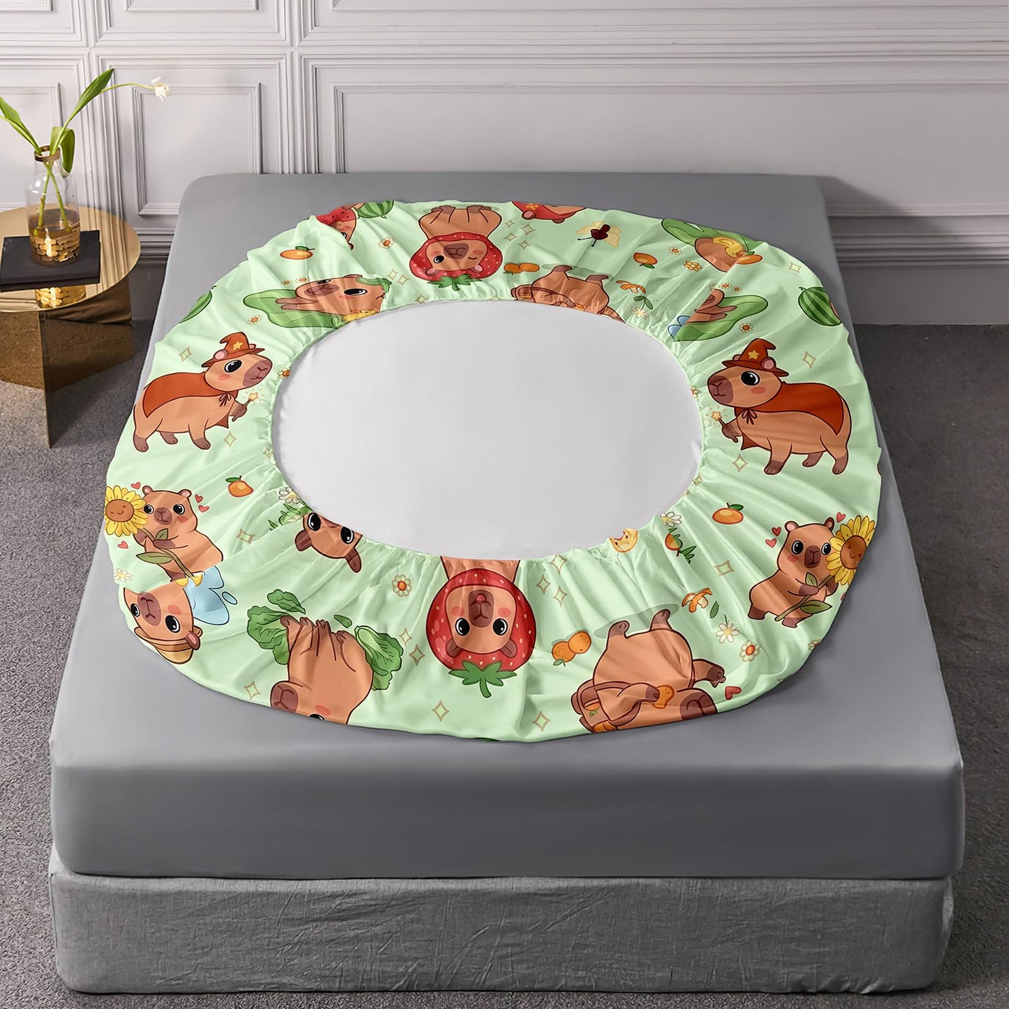 AILONEN Kawaii Capybara Fitted Sheet Set Twin Size, Boys Girls Cartoon Cute Capybara Bedding Set for Kids Teens,Grass Green Bed Sheet Set,1 Fitted Sheet + 2 Pillowcases,3 Piece