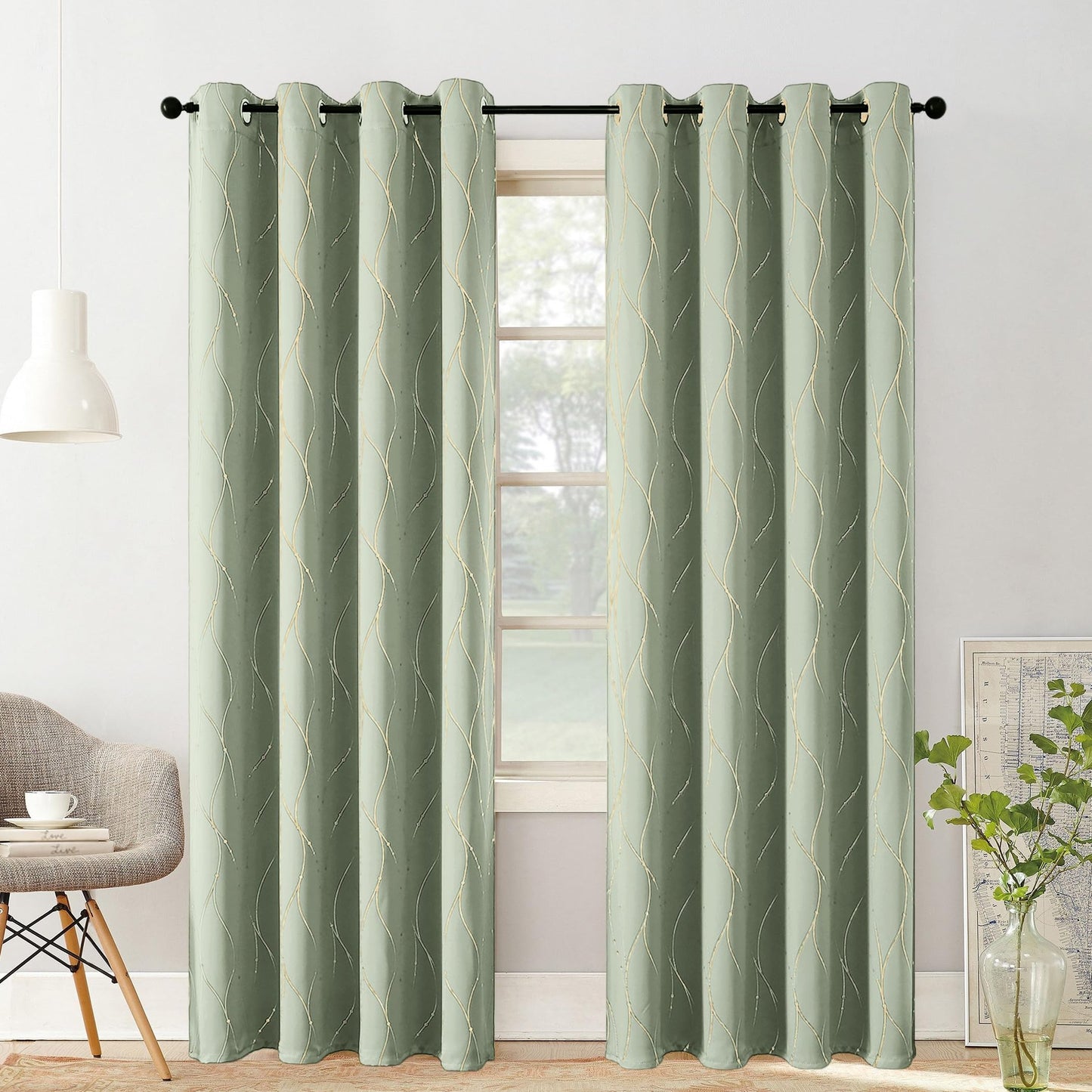 BUHUA Blackout Curtains Gold Foil Print Wave Line and Dots Grommet Drapes, Room Darkening Thermal Insulated Curtains, Noise Reducing Curtain for Bedroom, Sage Green, 52Wx84L, 2 Panels