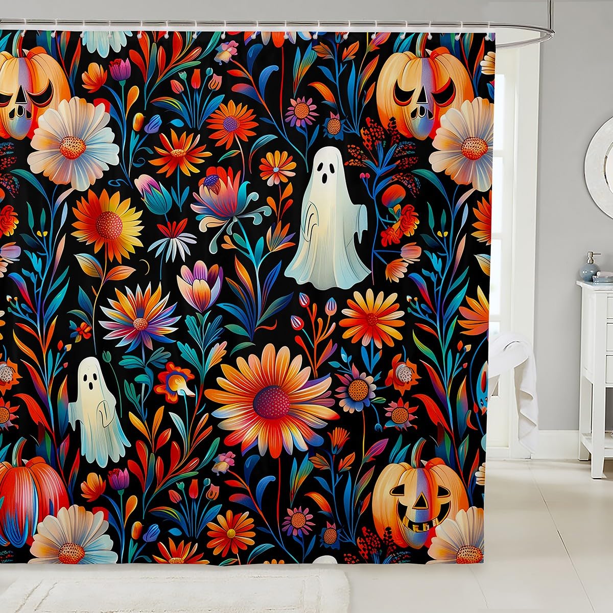 jejeloiu Halloween Bath Curtain 72"x78" Cute Ghost Shower Curtain for Bathroom Decor for Kids Teens Adults Floral Waterproof Polyester Fabric Unique Festival Room Decor All Season Soft