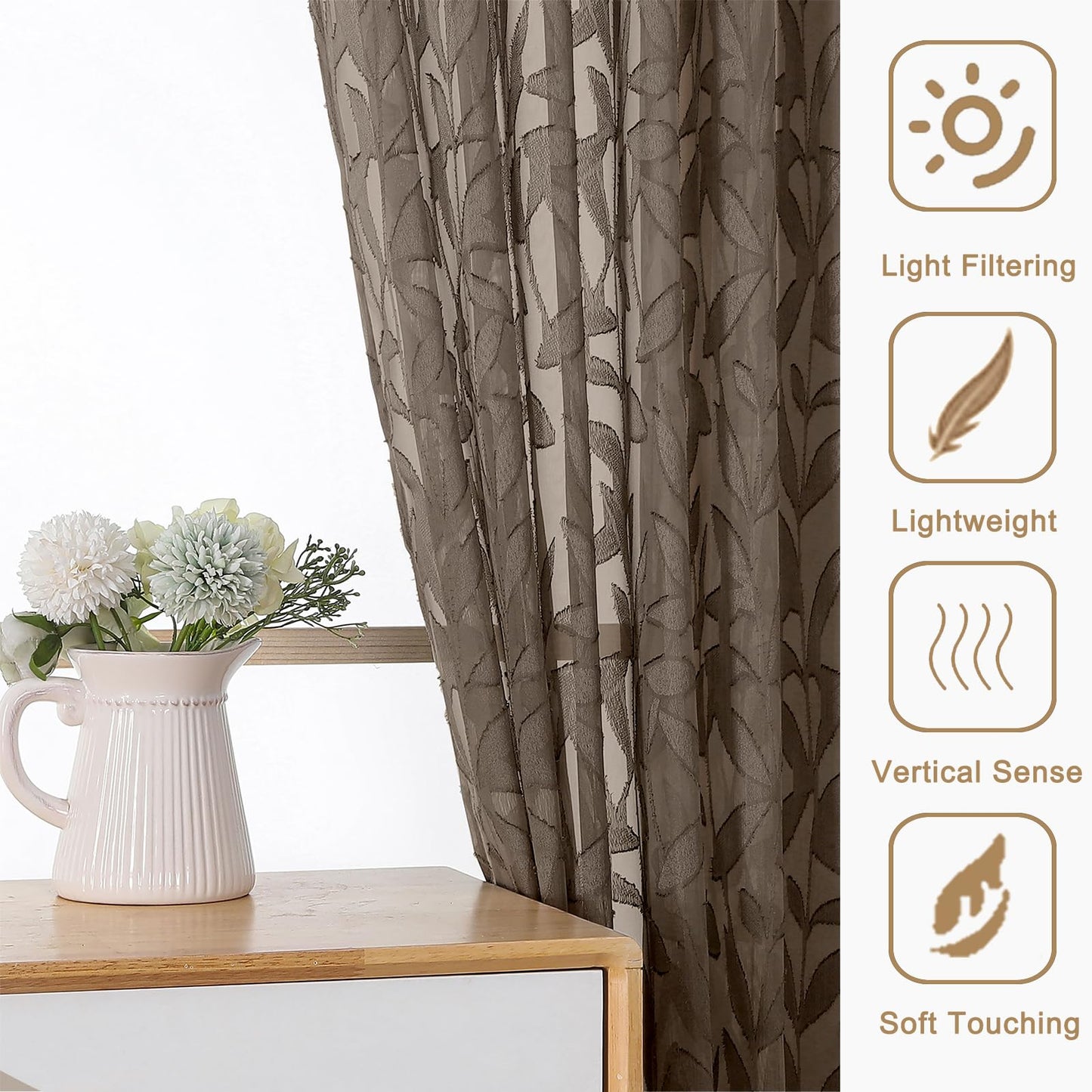 Gwine Chocolate Brown Curtains 84 Inches Long 2 Panels Set, Light Filtering Soft Lightweight Sheer Curtains, Leaf Clip Jacquard Textured Curtain for Bedroom Living Room, 42Wx84L Inches, 2PCS