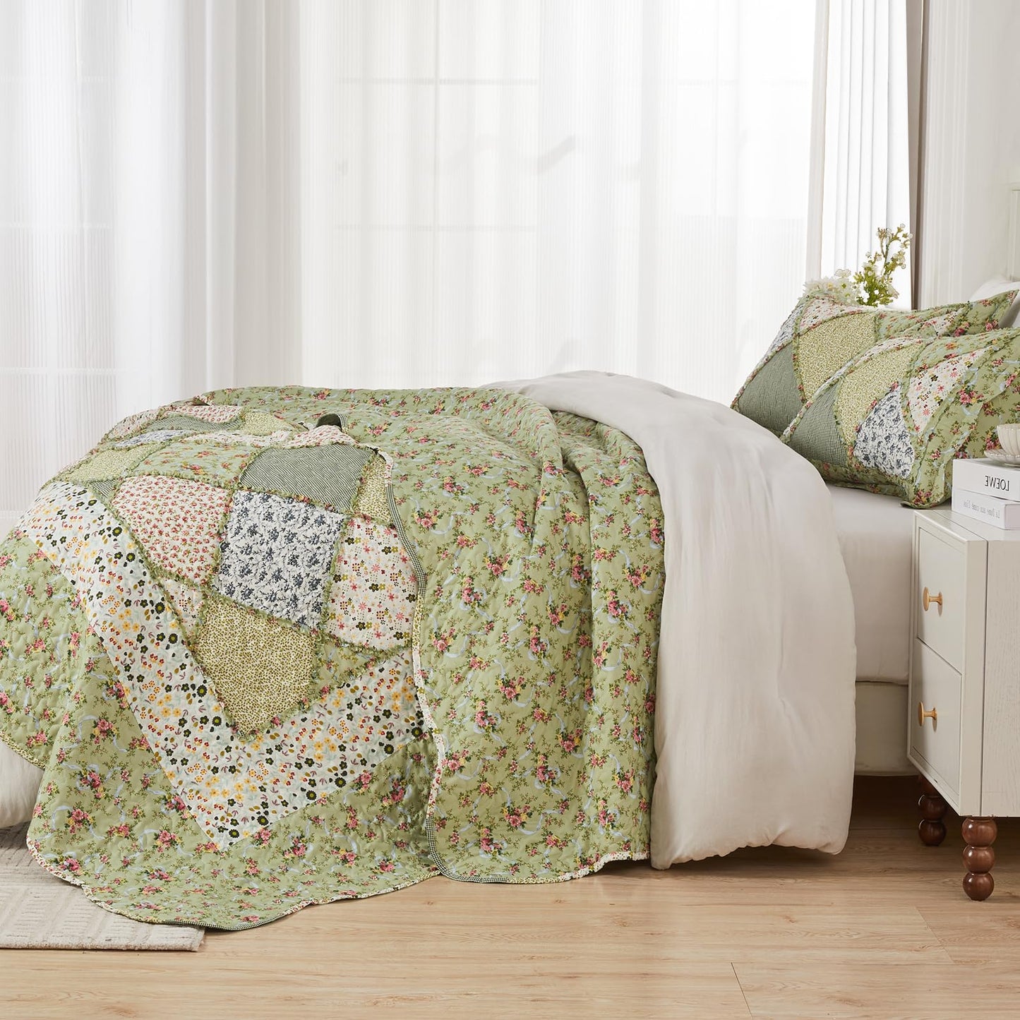 VIVILINEN Full Queen Size Green Patchwork Quilt Set Reversible Quilted Bedspread Coverlet Set 3-Piece Floral Lightweight Comforter Stitched Bedding Set Bed Sheet Set Cover Blanket with 2 Pillow Shams