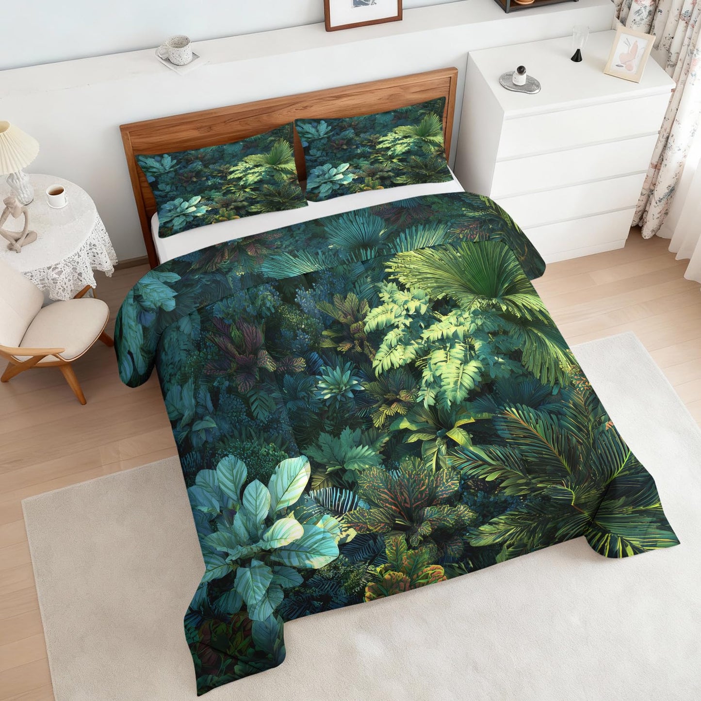 Tropical Leaves Comforter Set King Size 3Pc, Jungle Rainforest Pattern Down Alternative Bed Comforter, 2 Pillow Shams, Soft All Season Bedding, Tropical Leaves Bedroom Decor