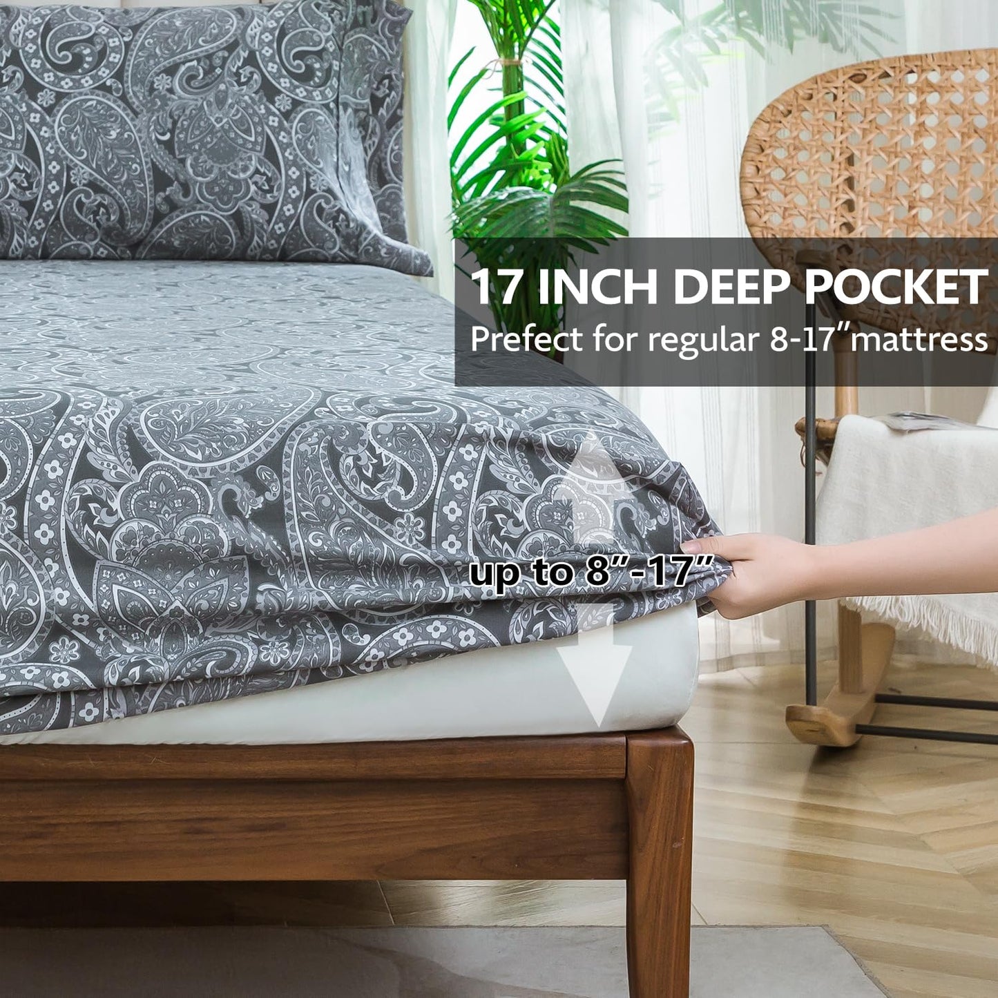 KACEMOO Bed Sheets California King Size Gray Paisley Sheets Printed Floral Sheet Set Flower Pattern Deep Pocket Fitted Bed Sheets Microfiber Soft Breathable 1800 Thread Count Double Bedding