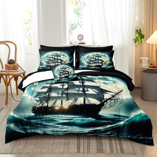 Bedbay Nautical Bedding Set Dreamy Ocean Comforter Set 8 Pieces Moonlight Galaxy King Size Bed in a Bag Fantasy Vintage Sailing Adventure Theme Bedding Quilt Set with Sheets and Cushion Cover