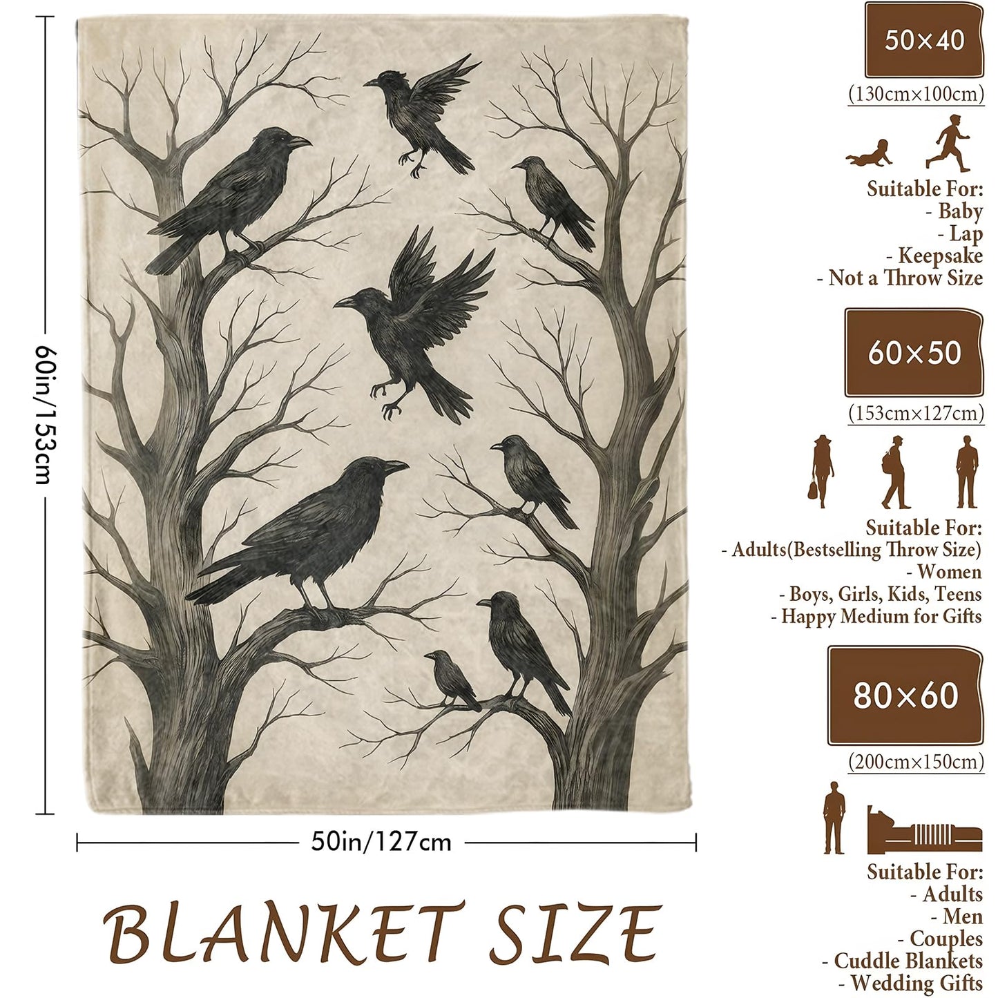 Gothic Crow Raven Blanket, Flannel Blankets Gifts for Boys Girls Adults, Warm Cozy Soft Fuzzy Throw for Couch, Bed, Room Decor 50x60 in