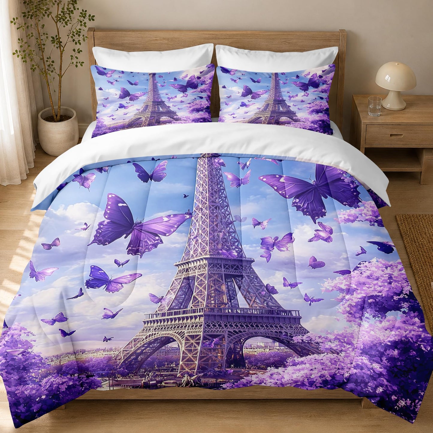 CCoutueChen Kids Twin Paris Bedding Set, Purple Butterfly Floral Comforter Set for Girls, Romantic Warm Microfiber Comforter with 1 Pillowcase, 68"x86"