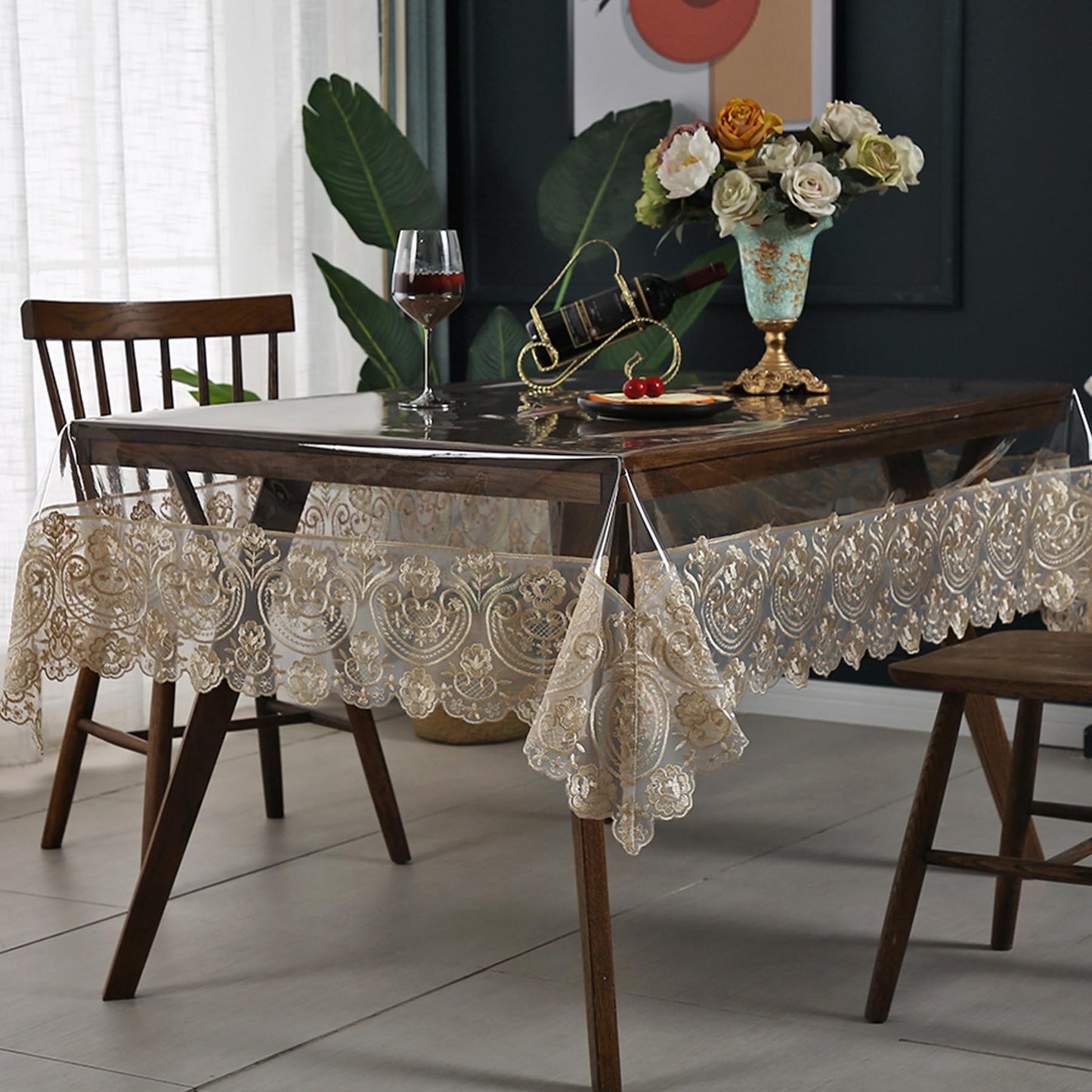 Jusmate Clear Vinyl Tablecloth Protector Transparent PVC Lace Border Plastic Waterproof Oil-Proof Rectangle Table Cover for Kitchen Home Dining Holiday Decoration (Beige, 60 x 84 Inch)