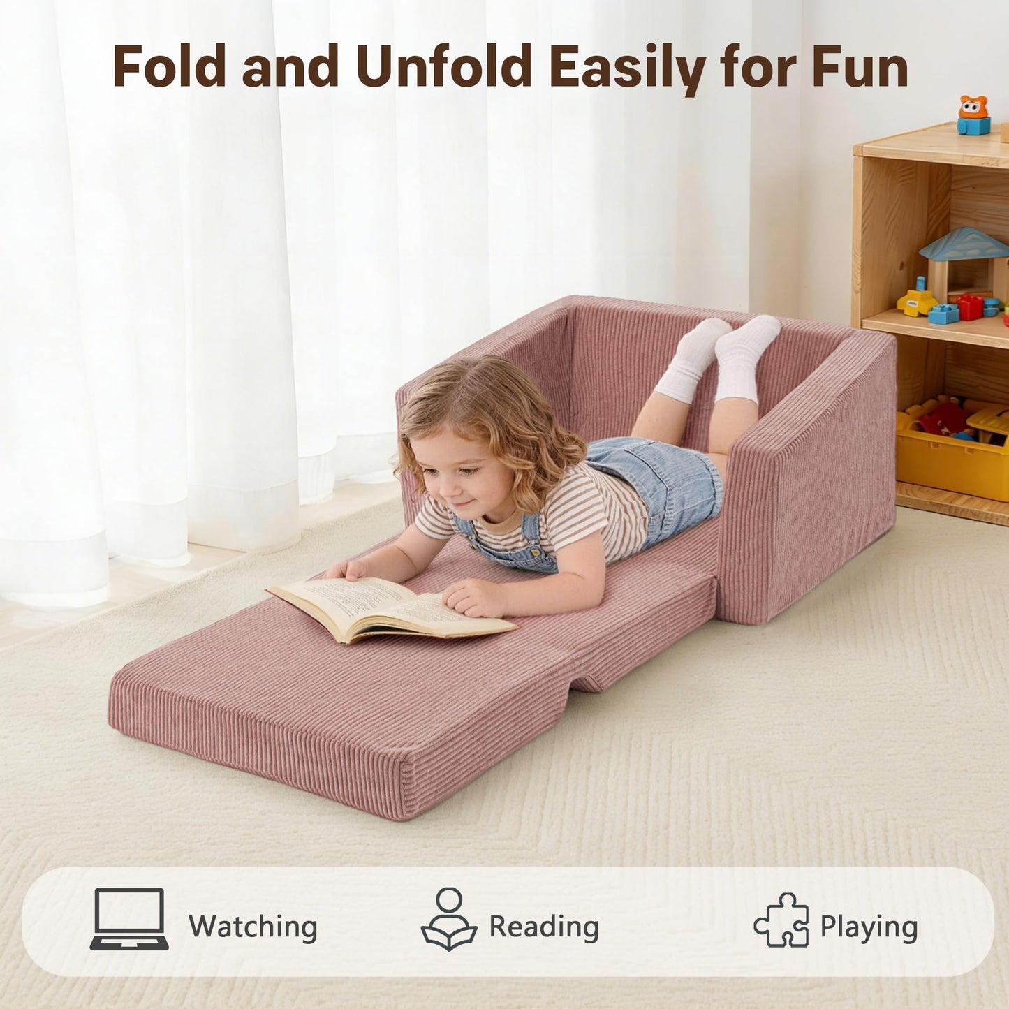 Bubble Ball Comfy Kids Couch, 2-in-1 Foldable Kids Sofa Chair, Pink