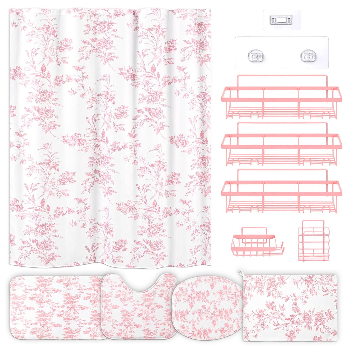 CrystalSylara 12 Pcs Pink Floral Bathroom Shower Curtain Set with 72 Inch Cotton Floral Shower Curtain, Non-slip Rug, Toilet Lid Cover, Bath Mat, 3 Towel, 5 Showers Caddy, Hook for Dormitory Apartment