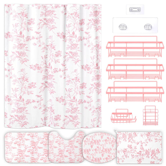 CrystalSylara 12 Pcs Pink Floral Bathroom Shower Curtain Set with 72 Inch Cotton Floral Shower Curtain, Non-slip Rug, Toilet Lid Cover, Bath Mat, 3 Towel, 5 Showers Caddy, Hook for Dormitory Apartment