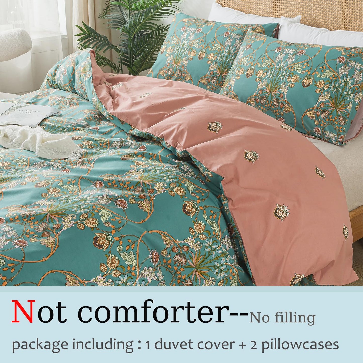 Zusbest Boho Duvet Cover Set Queen Size 100% Cotton Floral Bohemian Comforter Cover Teal Green Printed Reversible Orange Bedding Luxury Crisp Soft French Country Bedding 3Pcs, Queen