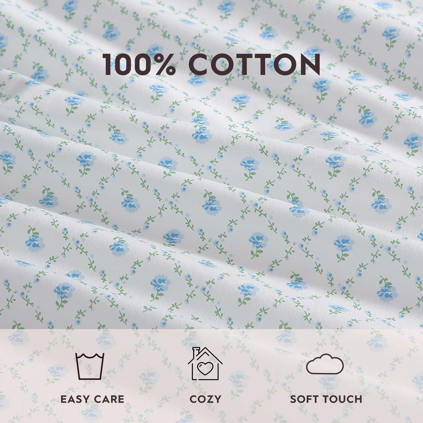 Laura Ashley – Twin Size Sheet Set, Crisp & Lightweight Cotton Percale Bedding with Fitted Sheet and Pillowcase, Floral Room Decor, Deep Pocket, College Dorm Room Essentials (Kate Blue)