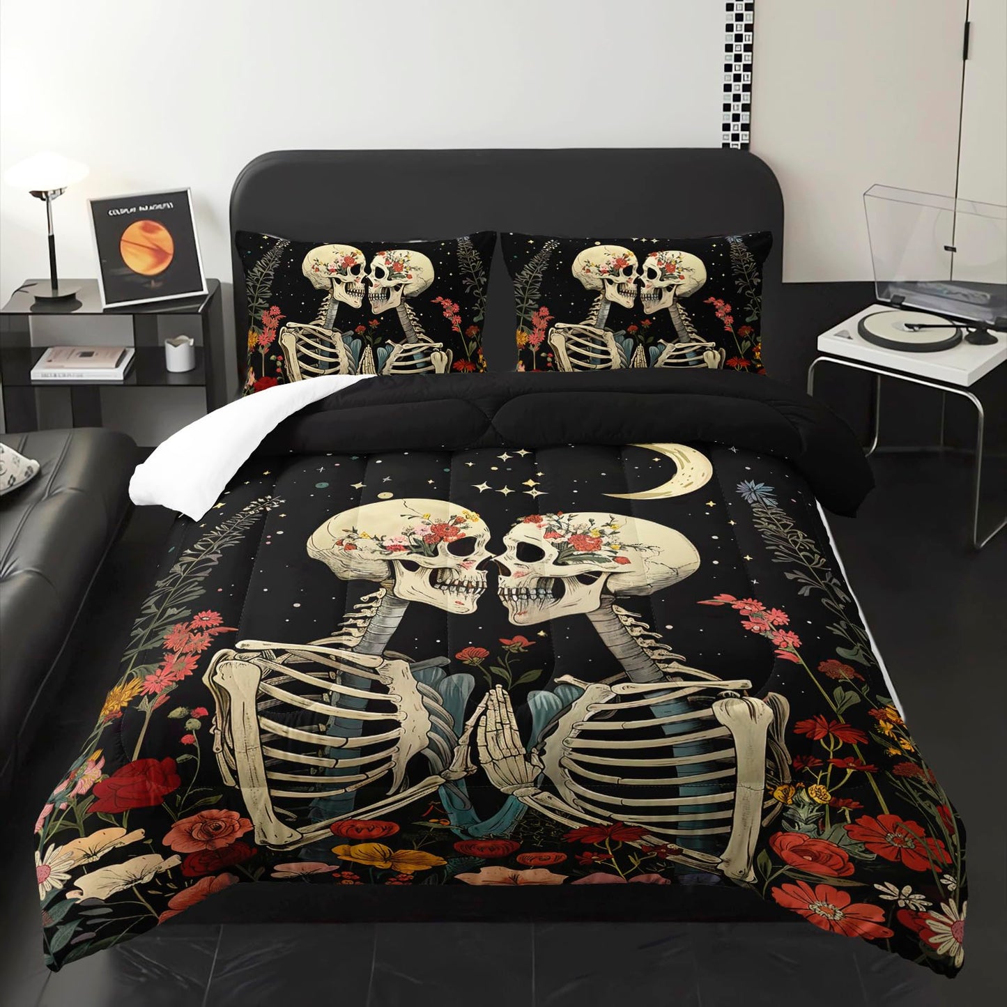 lneffble Black Gothic Skull Flower Twin Comforter Set，Quilt Twin Size Bedding Set Gothic，with 1 Comforter with 2 Pillow Case，Skull Room Decor for Bedroom