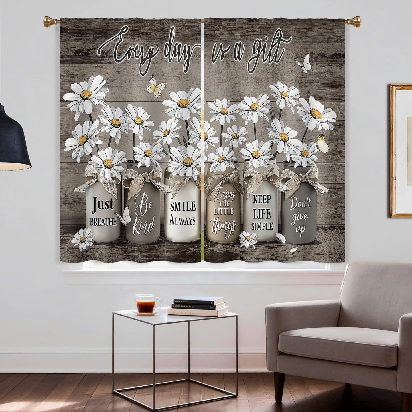 Cizuug Farmhouse Vintage Daisy Floral Kitchen Curtains Rustic Flower Inspirational Small Short Cafe Window Curtains Wooden Country Quotes Bathroom Living Room Bedroom Drapes Treatment(27.5x39 Inch)