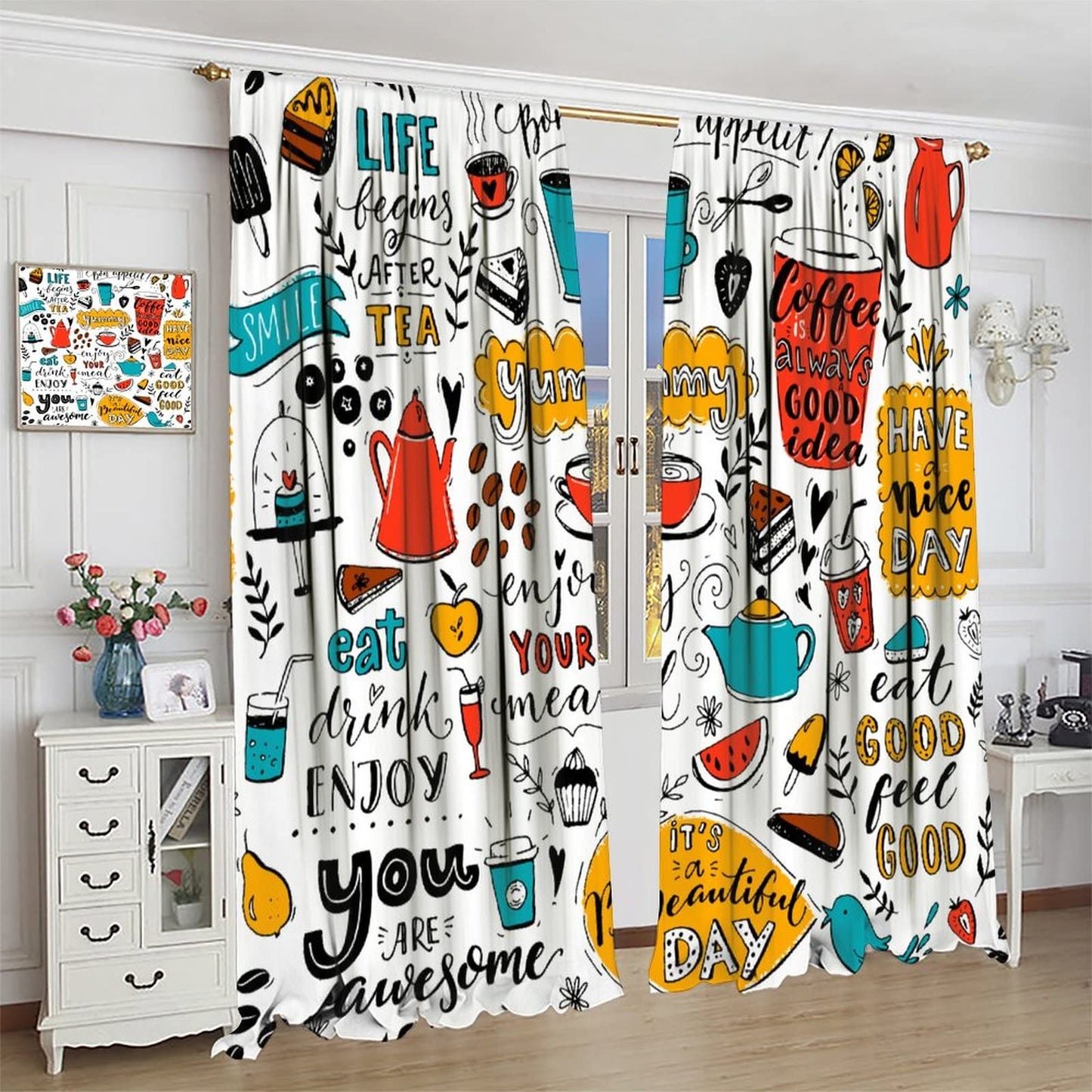 DDCBNS Coffee Curtains,Coffee Theme Rustic Drink Dessert Window Treatments for Kitchen Café Dining Room Modern Cute Window Drapes 2 Panels Set,Total Size 42 x 45 Inch