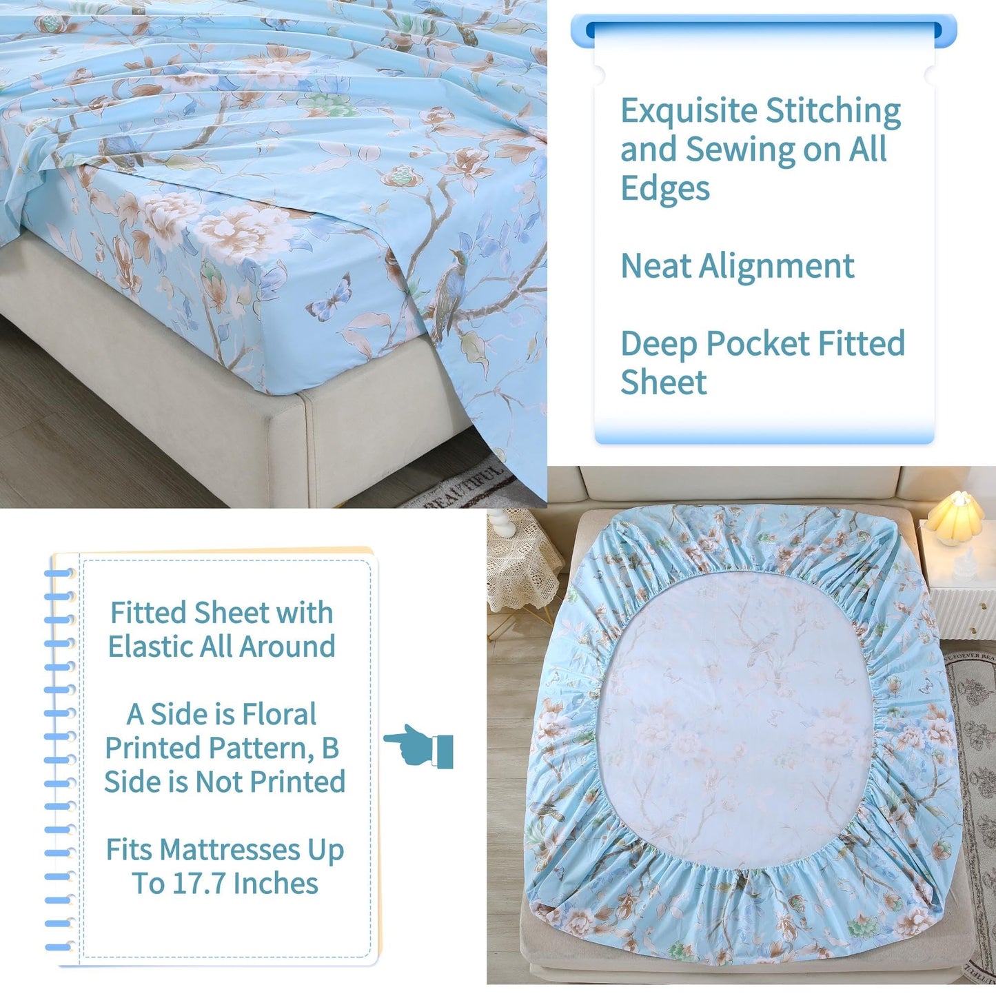 RYNGHIPY Egyptian Cotton Bed Sheet Set Blue Bird Botanical Pattern Bed Sheets Deep Pocket Fitted Sheet Tree Branches Print Bedding Soft Breathable (Light Blue,Queen Size)