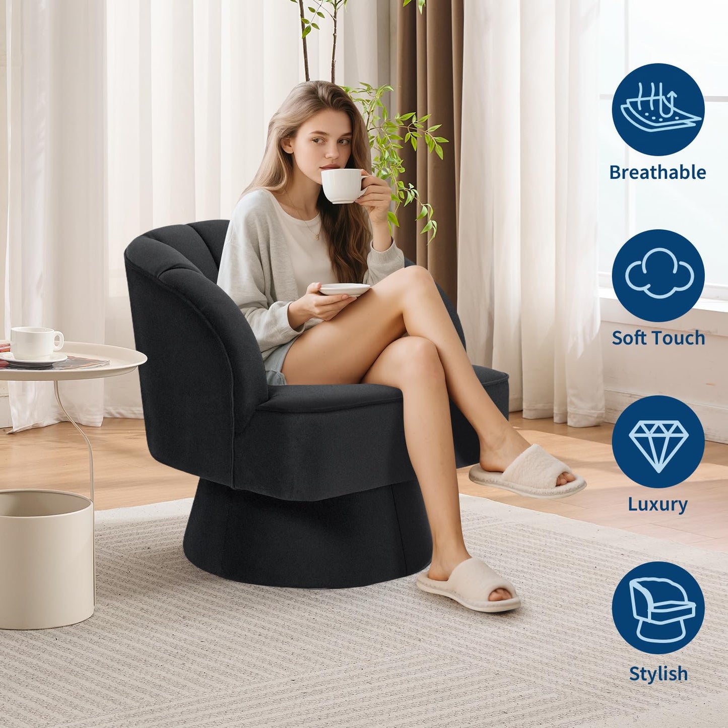 Garvee Ultra-Plush Swivel Accent Chair, 360° Barrel Lounge Chair with Cloud-Like Padding & Modern Striped Backrest, Velvet Upholstered Round Armchair for Living, Bedroom Reading Nook - Black