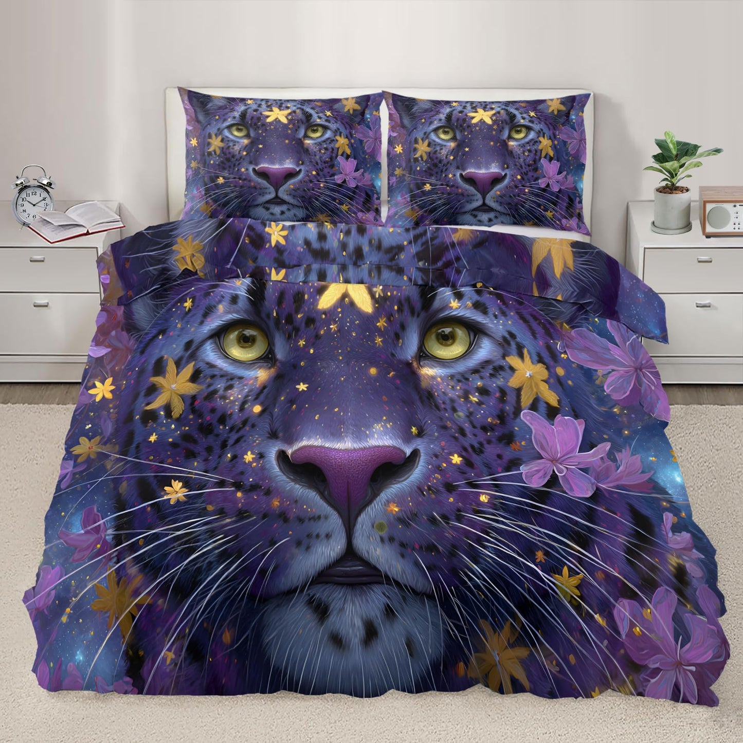 Purple Leopard Duvet Cover Set Twin Size for Women, Starry Sky Bedding Set 3 Piece Microfiber with Zipper Closure & Corner Ties for Teen Adult, Flowers and Animal Comforter Cover with 2 Pillowcases