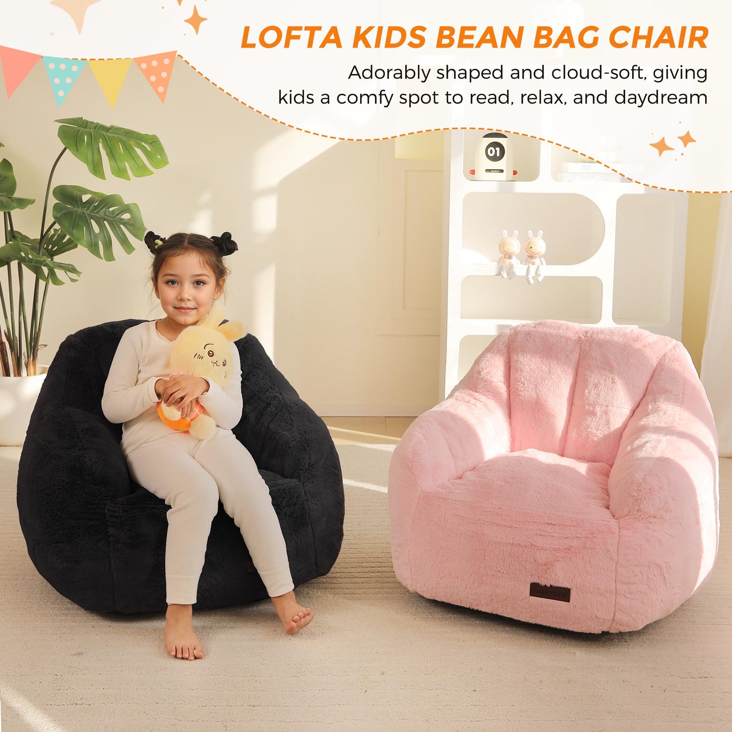 MAXYOYO Kids Bean Bag Chair, Comfy Bean Bag Sofa with Back Support, Faux Fur Cute Chair for Boys and Girls, Stuffed Floor Sofa for Nursery, Bedroom, Black