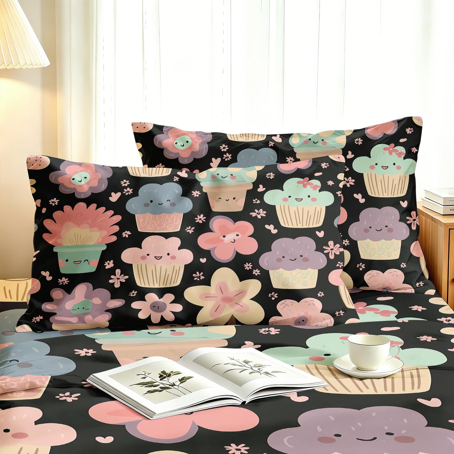 Girls Flower Bedding Set 4 Pcs Kawaii Food Full Sheets