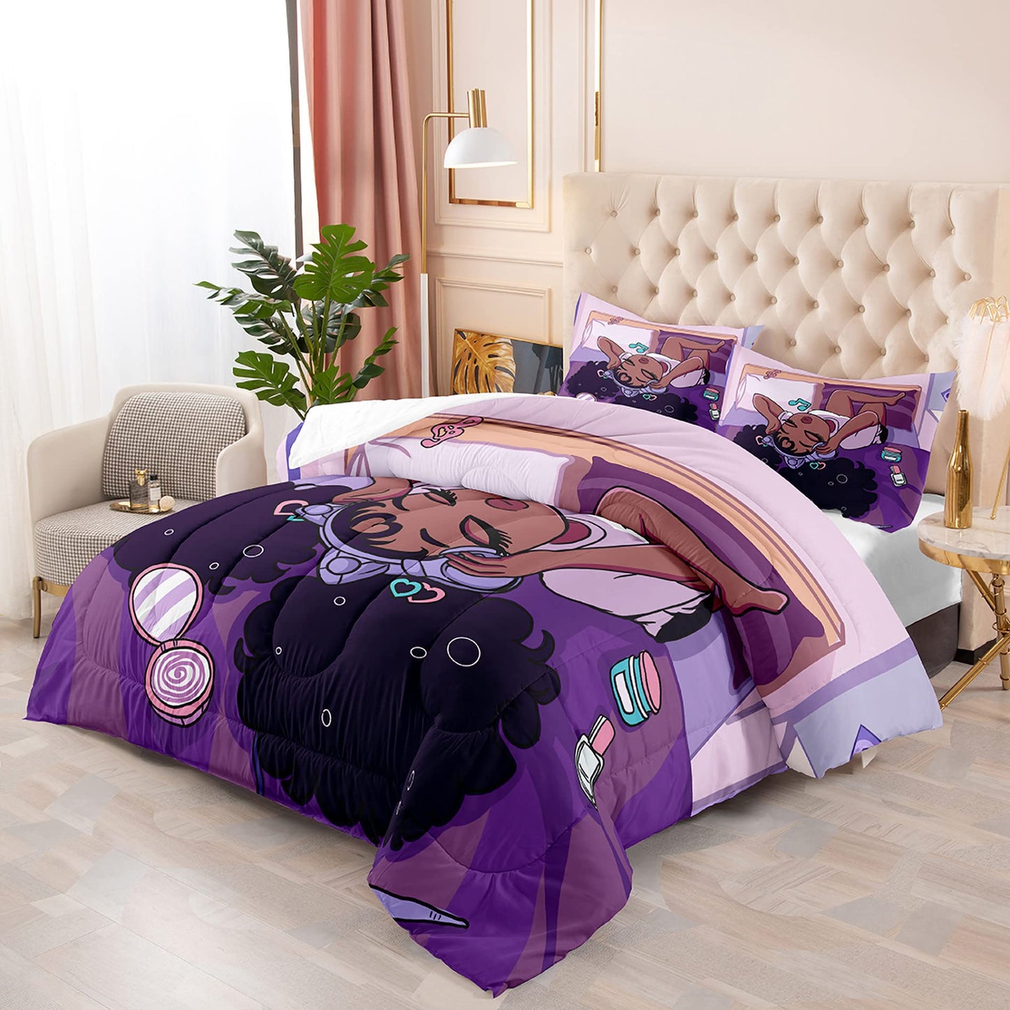 kodhyvj African American Black Girl Comforter Set Twin Size, Black Girls Magic Duvet for Kawaii Bedroom Decor, Girl Love Music Purple Bedding Set with 1 Comforter +1 Pillowcase
