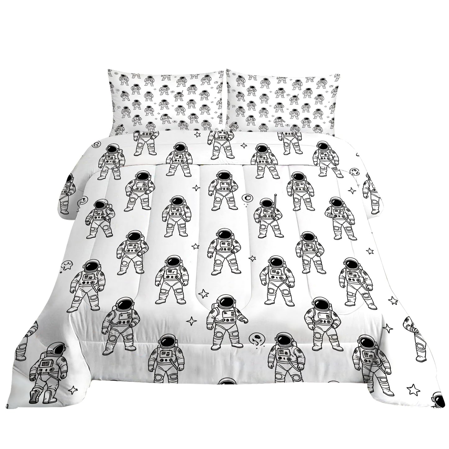 VTKON Black and White Astronaut 3Pcs Comforter Set for Boys, Full Size Spaceman and Star Bedding Set, Line Print Galaxy Bed Sets for Kids Bedroom with 2 Pillowcases