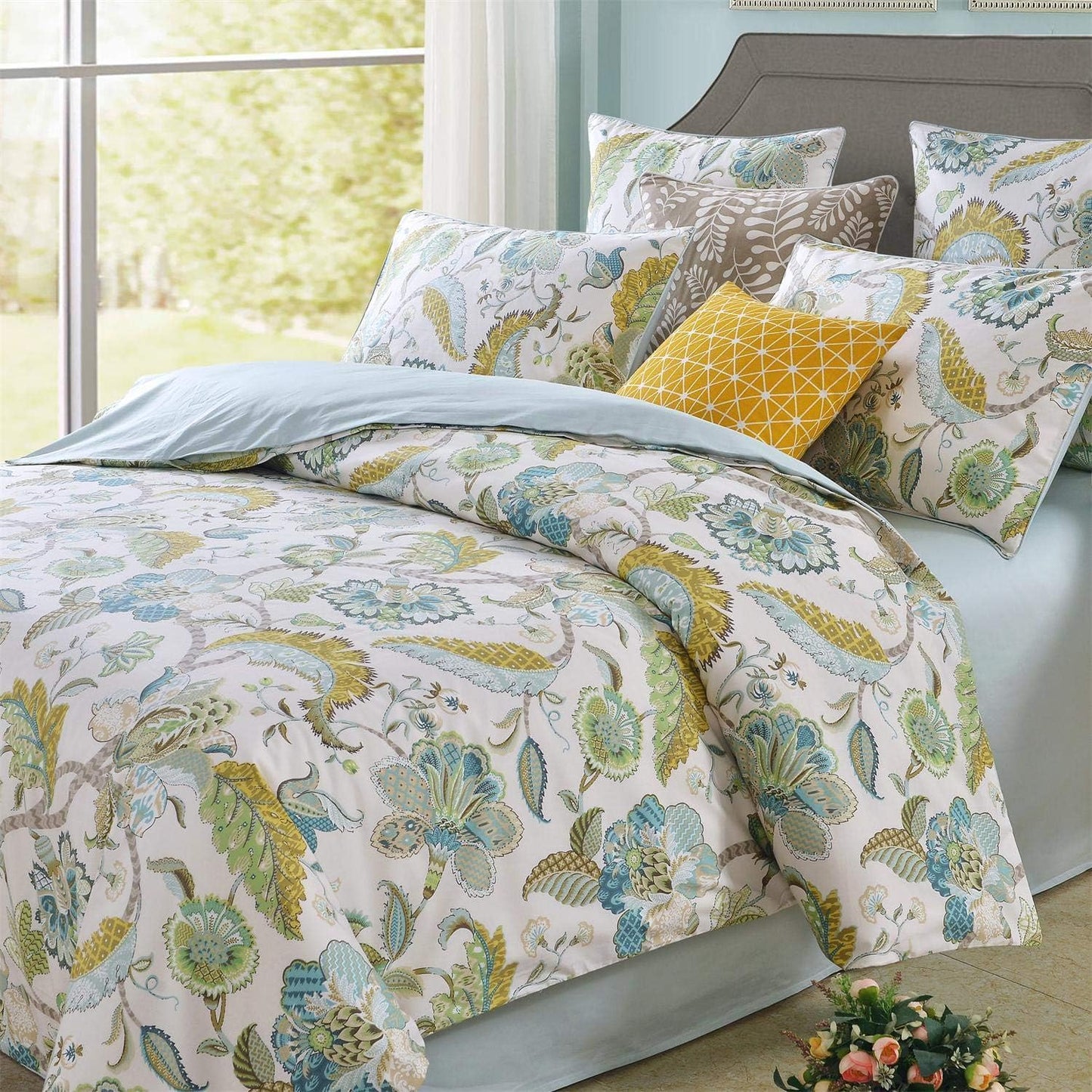 mixinni Boho-Chic King Size Duvet Cover Paisley Light Blue and Light Green Long Staple Cotton Bedding Set 1 Duvet Cover 2 Pillowcases for Him and Her, Easy Care, Soft and Durable- (3pcs, King Size)