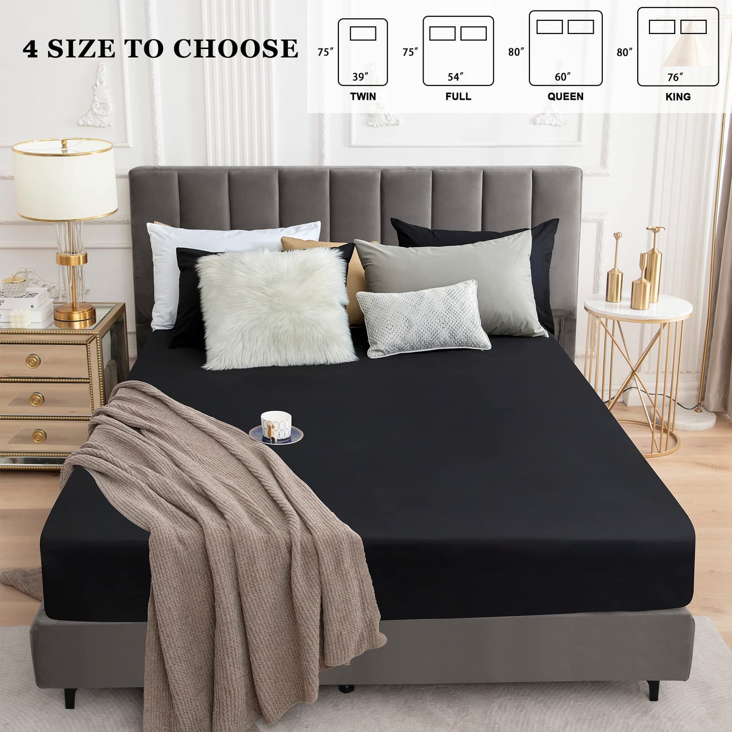 Sufdari Mattress Protector,Waterproof 18" Deep Pocket Mattress Cover Fitted Sheet Style with Elastic Rubber Band,Washable and Easy Care-Black,Queen