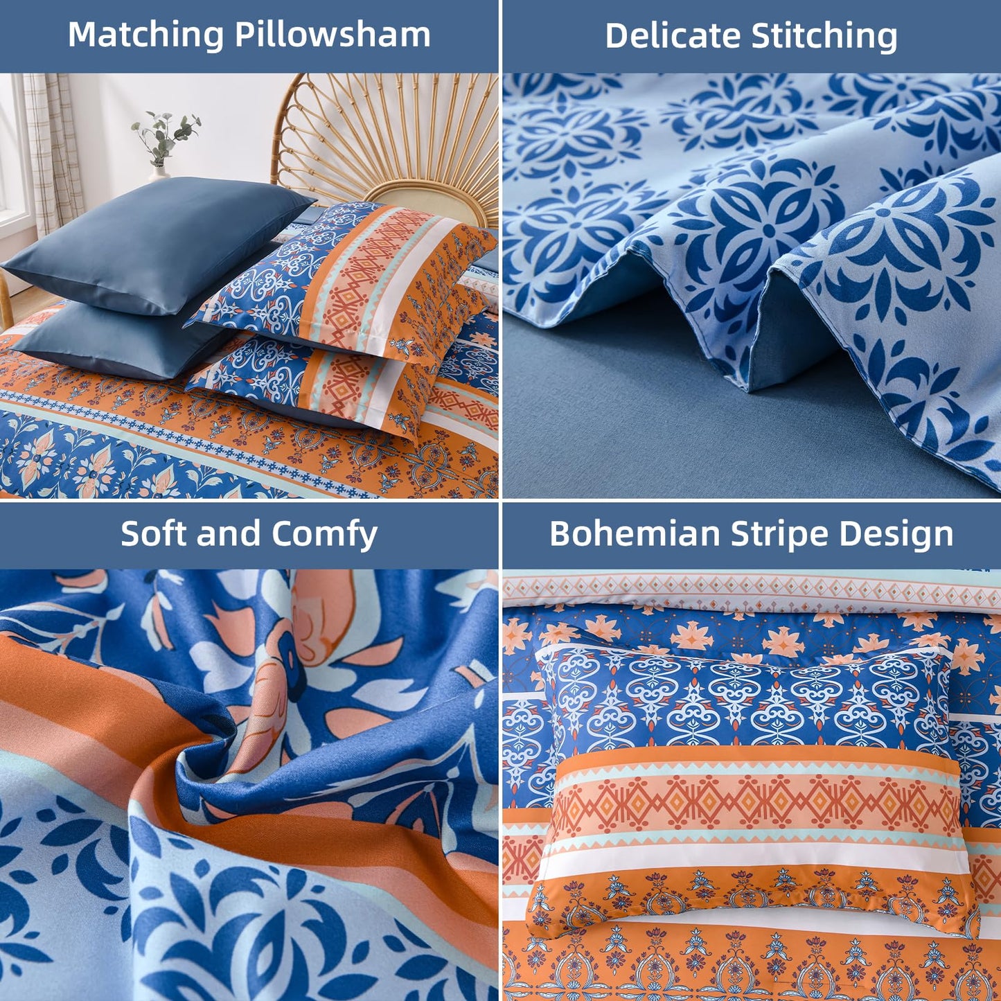 WONGS BEDDING Boho Comforter Set Queen, Blue and Orange Bedding Set 7 Pieces Bed in a Bag Bohemian Striped Bedding Comforter Sets Soft Microfiber Comfortet and Sheet Set for All Season