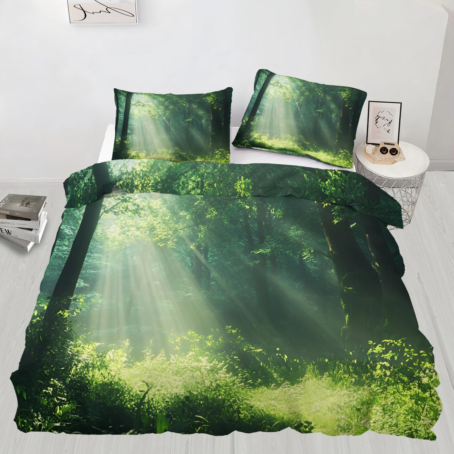 GKPLY Sunlit Forest Bedding Sets Queen, Misty Woodland Duvet Cover, Calm Nature Comforter Set, Zipper & Ties, 2 Pillowcases, Reversible Print, Serene Landscape Quilts & Home Decor, Easy Care