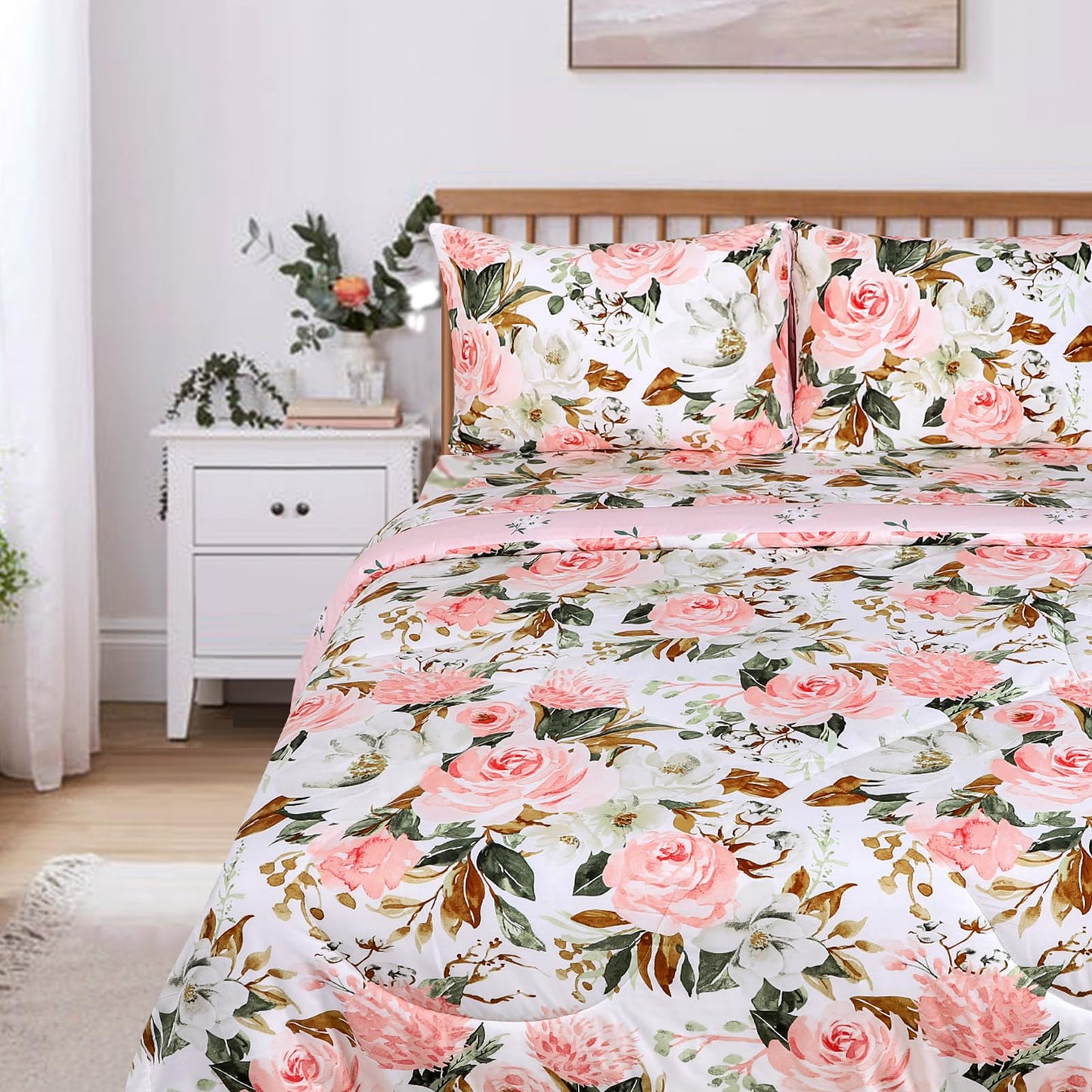 DILIMI Full Size Comforter Set for Girls, Reversible 5 Pieces Full Bedding Set, 5 Pieces Ultra Soft Pink Floral Full Size Bed Comforter Sets with Sheet, Comforter, Flat Sheet, 2 Pillowcase
