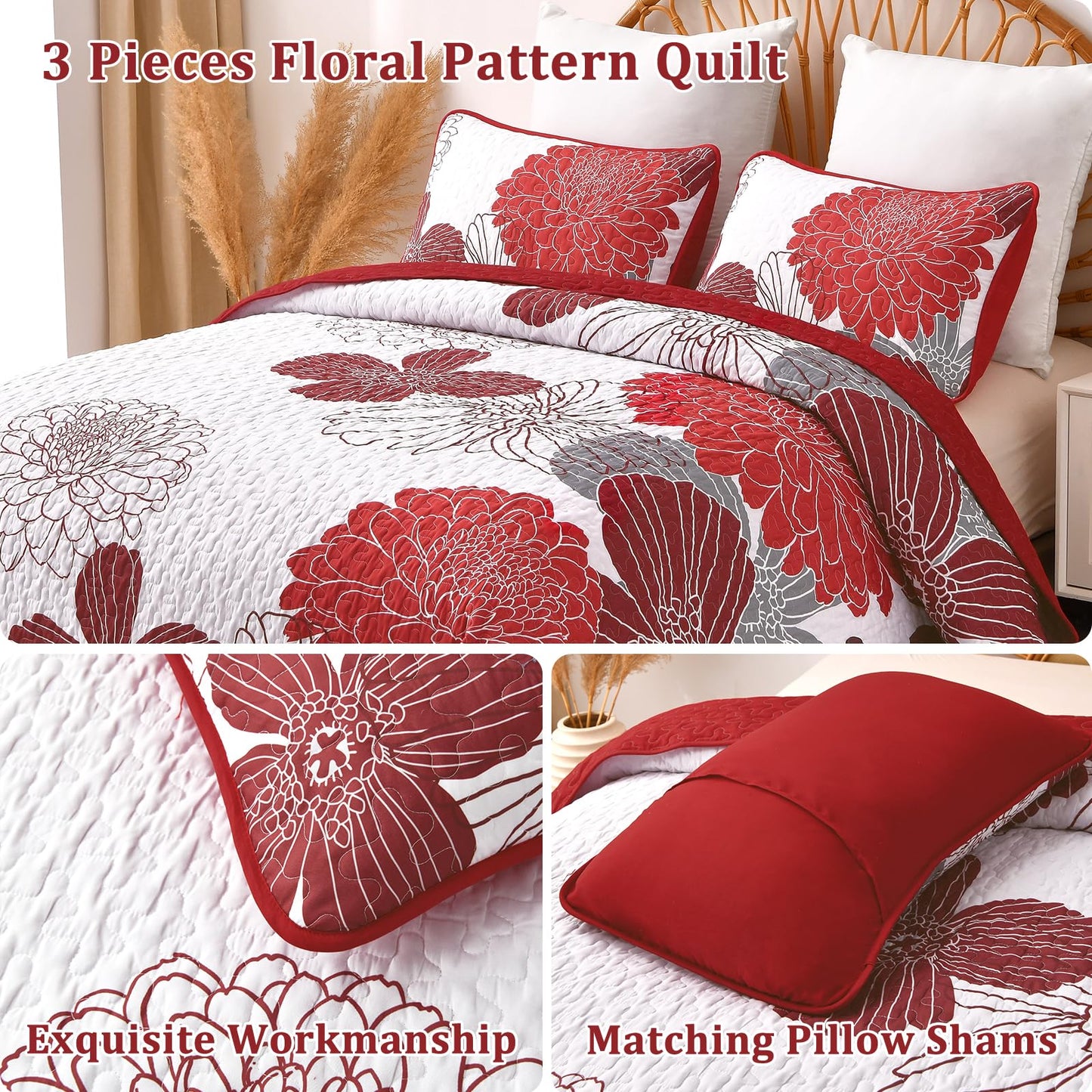 Queen Quilt Sets Red Floral Pattern Quilt Bedding Set, 3 Pieces Botanical Quilt Soft Microfiber Bedspread Coverlet Set, Boho Bed Cover Bedding Set for All Season(96" x 90)