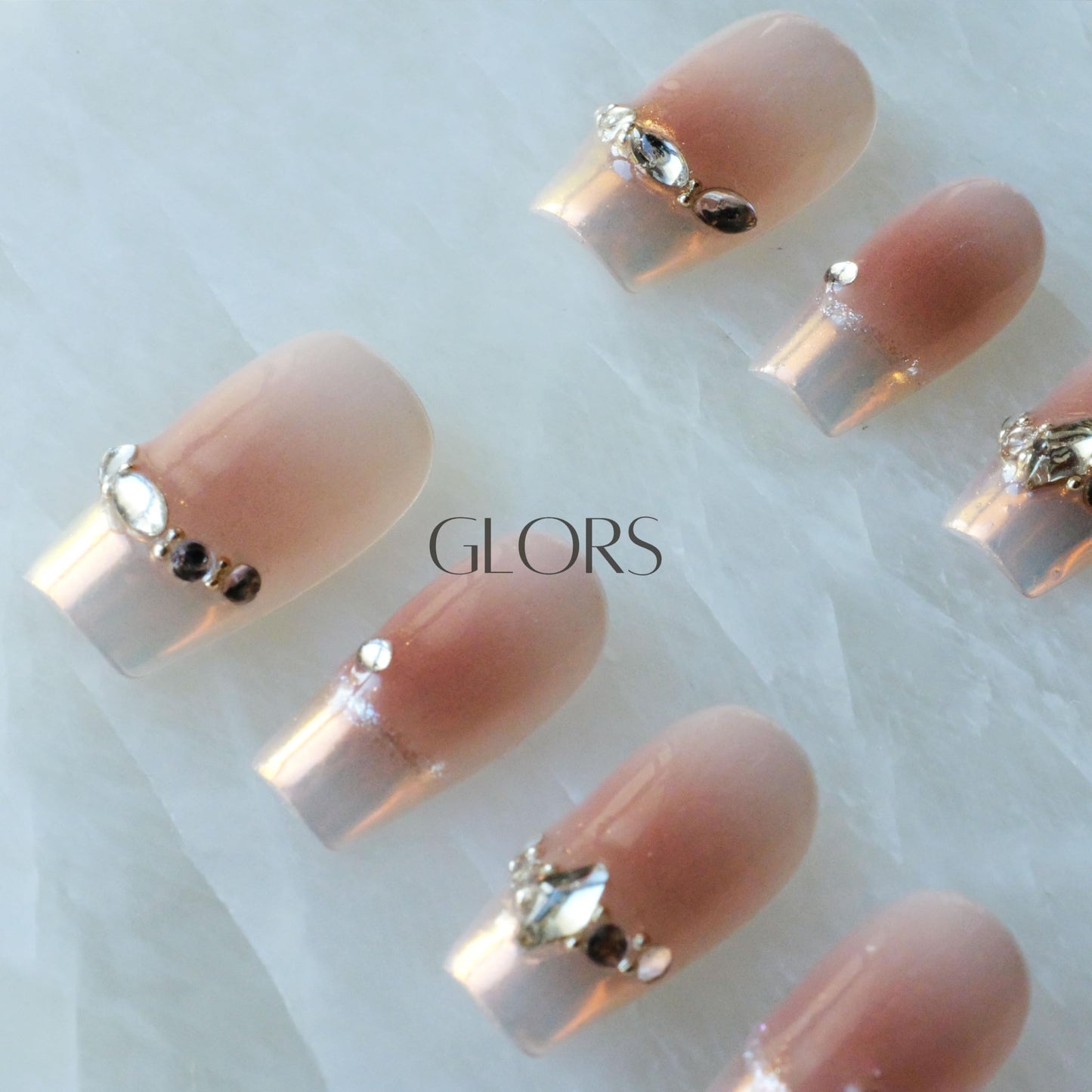 [GLORS] Purly Handmade Medium Ballerina Press on Nails | Moon Dream - French-style Pink Fake False Nail Tips with Diamond, 10 Pieces (Medium, MB)