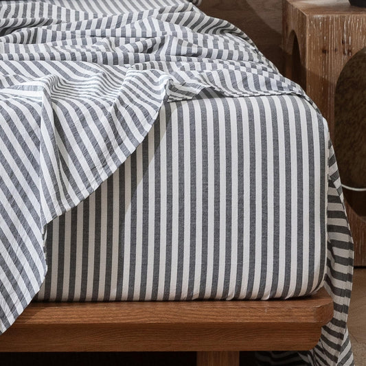 MooMee Striped Fitted Bottom Sheet Only 100% Washed Cotton Linen Like Textured Breathable Durable Soft Comfy Deep Pocket Fits Mattress up to 17" (Dark Grey White Classic Stripes, Queen)