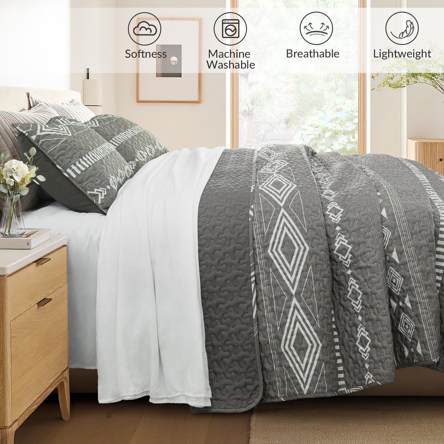 Whale Flotilla Full Queen Size Quilt Set - Reversible Grey Quilts Queen Size with 2 Pillow Shams, Lightweight Boho Striped Bedspreads Coverlet Bedding Set for All Seasons