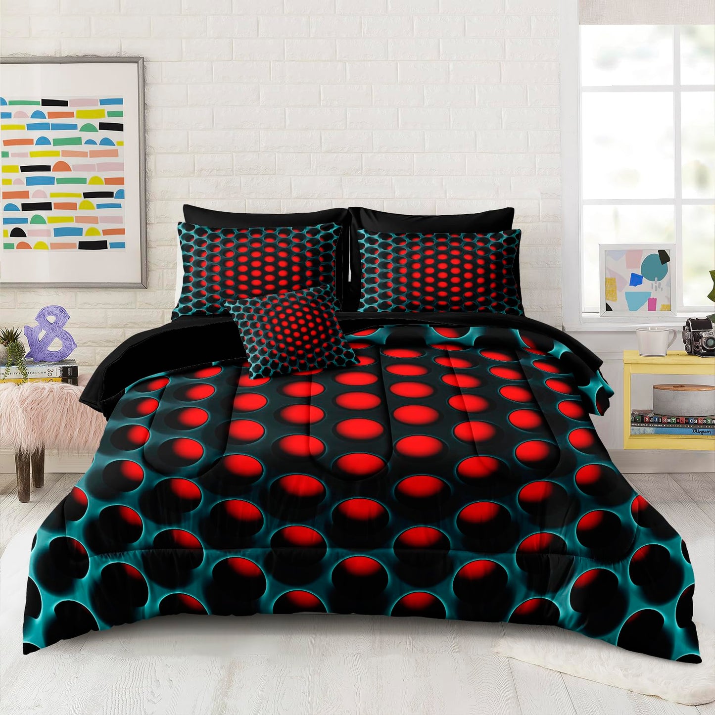 Bedbay Stereoscopic Bedding Set Red Green Honeycomb King Comforter Set 8 Pcs Geometric Bed Set with Sheets Colorful Neon Grid Bedding Quilt Set Soft Lightweight King Bed in a Bag for All Seasons