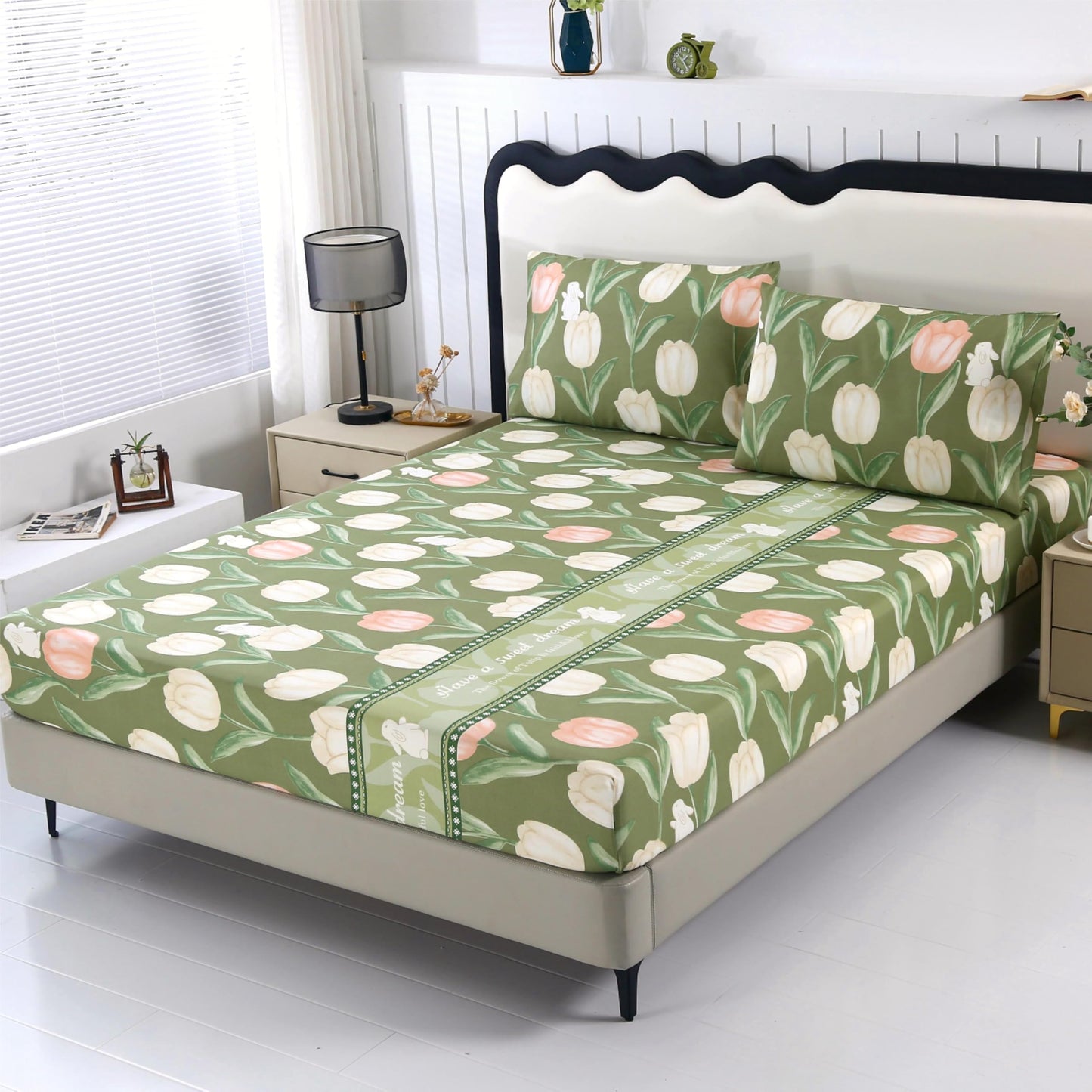 SDIII Green Floral Full Fitted Sheet with 2 Pillowcases, Deep Pocket Soft Microfiber Floral and Rabbit Sheet Full Size All Season