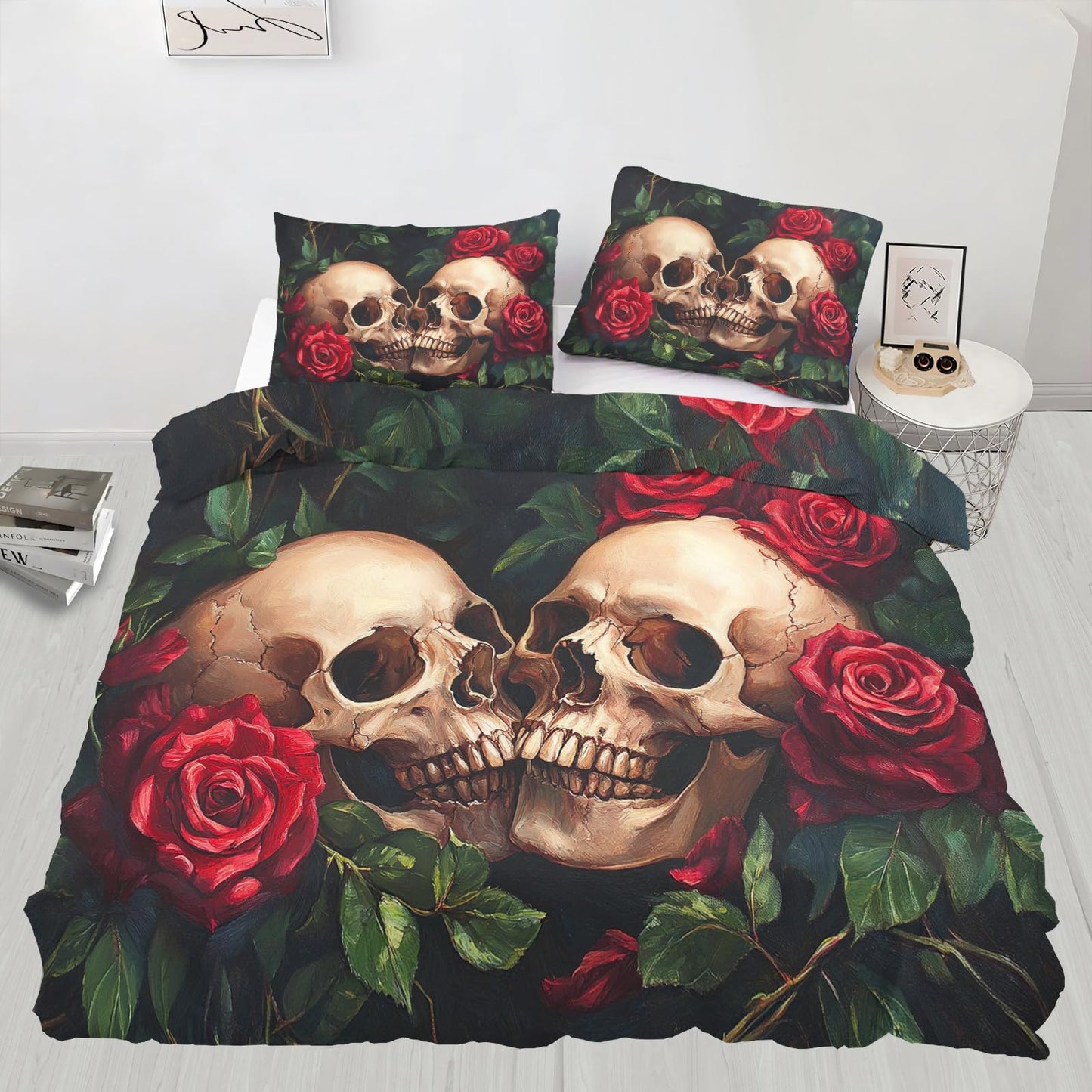 PAISUOQ Gothic Duvet Cover King Size, Hippie Skull Bedding Set, 3 Piece, Soft Microfiber Patterned Comforter Cover with Zipper Ties & 2 Pillowcase, Romantic Roses Bedroom Decor & Gifts