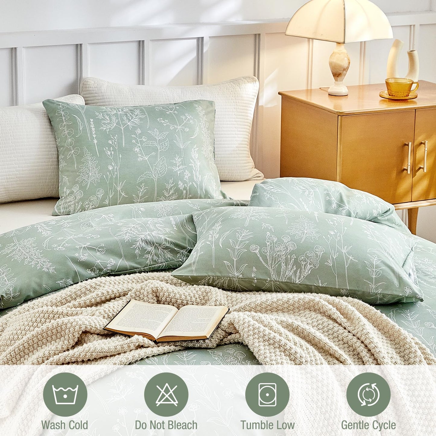 Lekesky Floral Duvet Cover King Size, Sage Green Duvet Cover King Plant Flowers Pattern Bedding Set for All Season, Soft Breathable Duvet Cover with Zipper Closure & Corner Ties