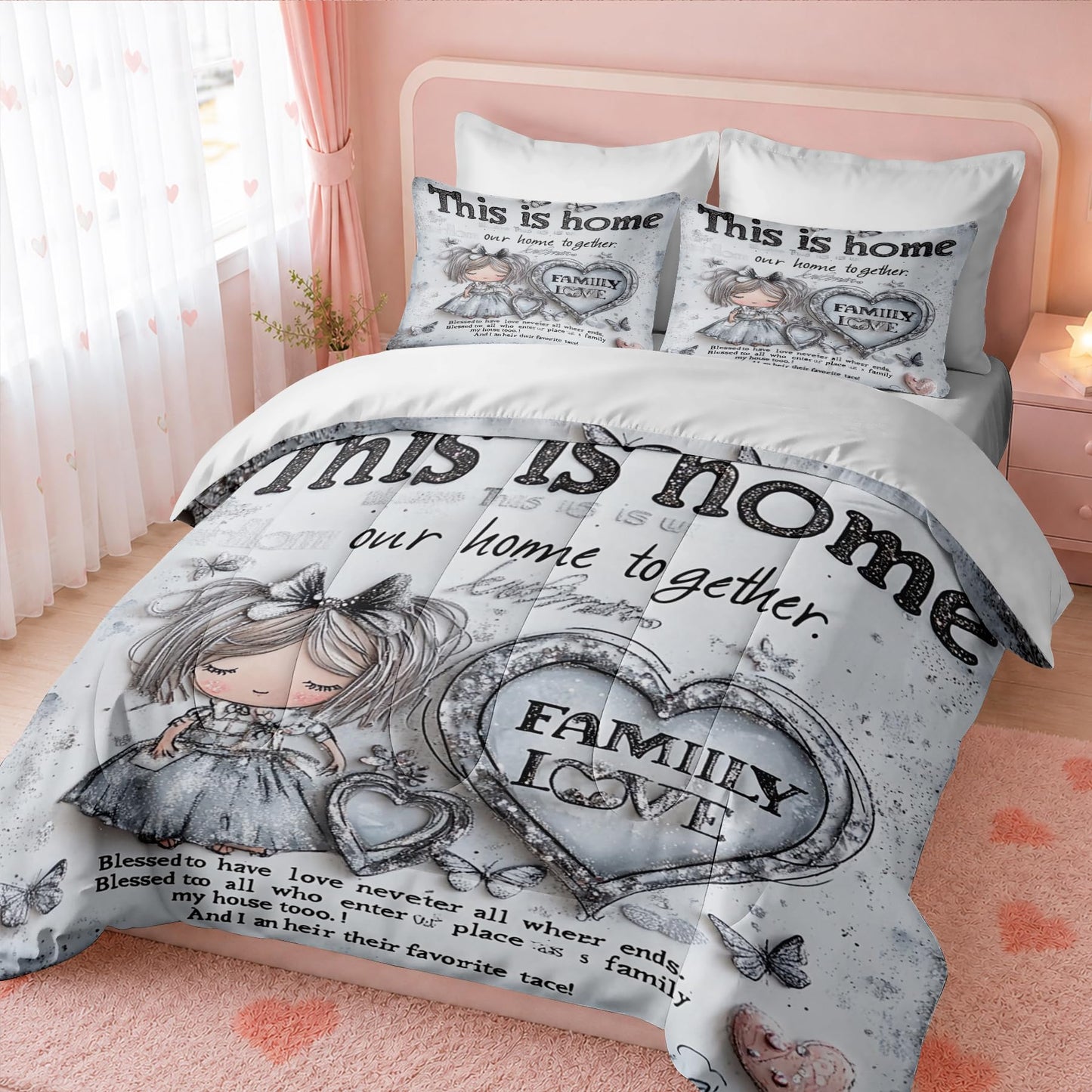 CCoutueChen Kids Twin Princess Bedding Set, Silver Glitter Girl Butterfly Hearts Comforter Set for Girls, Shabby Chic Warm Microfiber Comforter with 1 Pillowcase, 68"x86"
