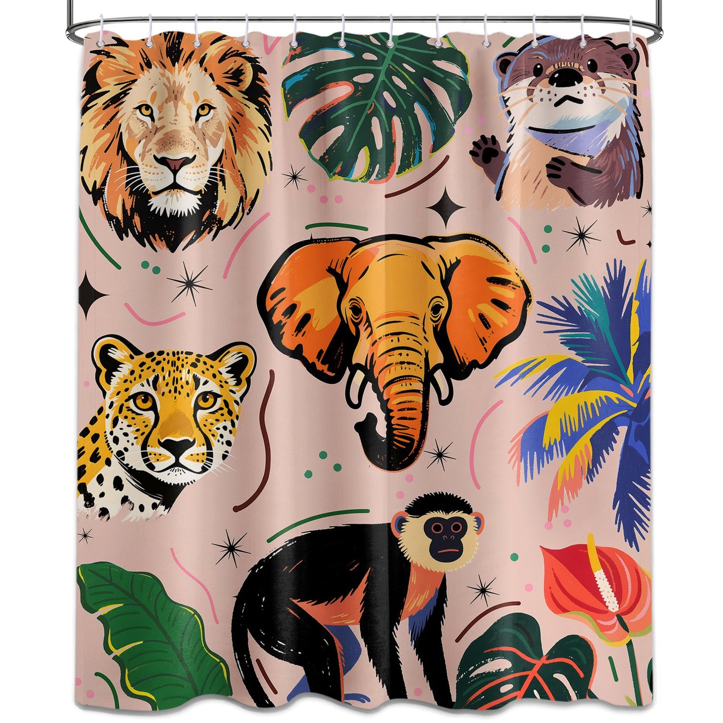 dueeia Animals Shower Curtain Tropical Jungle Wild Leopard Lion Shower Curtains for Kids Bathroom Decor, Waterproof Fabric 70 x 72 inch with Hooks
