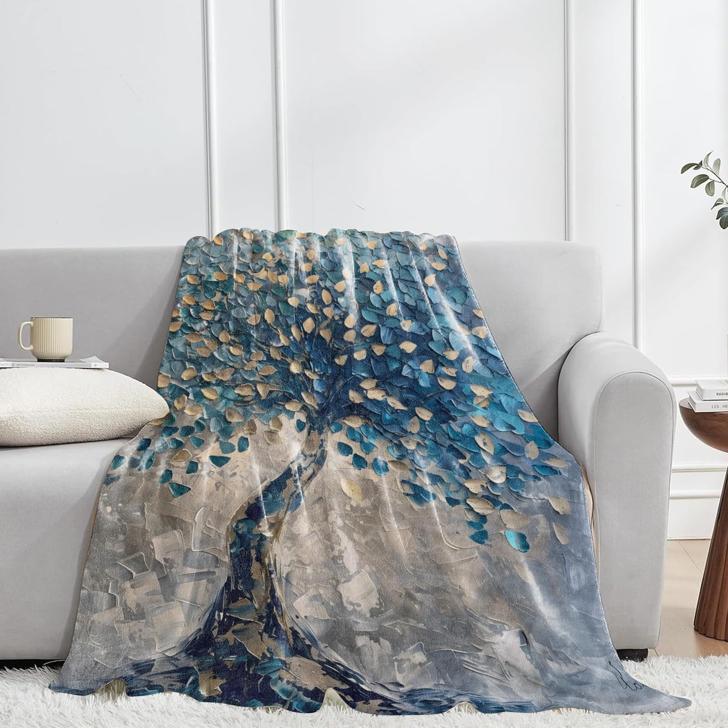 jwyta Tree Flannel Blanket,Abstract Textured Art Throw with Blue and Golden Leaf,Lightweight Fleece Blankets for Nature Lover,Couch,Cabin,Bed,Camping Modern Home Decor Gifts,60x50in