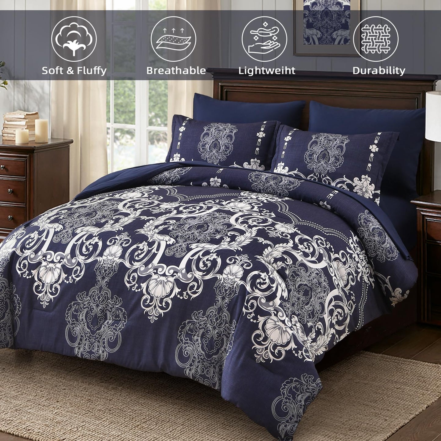Mybedsoul Navy Blue Queen Comforter Set, 7 Pieces Boho Bed in a Bag for Queen Bed, Damask Comforter with Sheets Pillowcases, Soft Microfiber Lightweight Bedding Sets for All Season(90"x90")