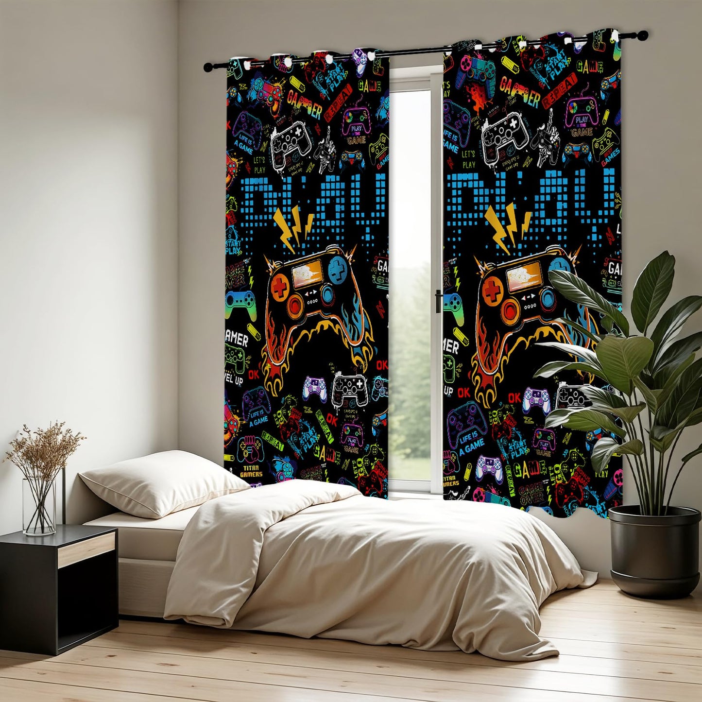 SIOQCKIS Gamepad Game Curtains for Boys Bedroom, Gaming Curtains for Boys Room, Game Controller Boy Curtain for Bedroom, 52 x 84 Inch Long 2 Panels Gamer Curtain for Kids, Video Games Window Decor