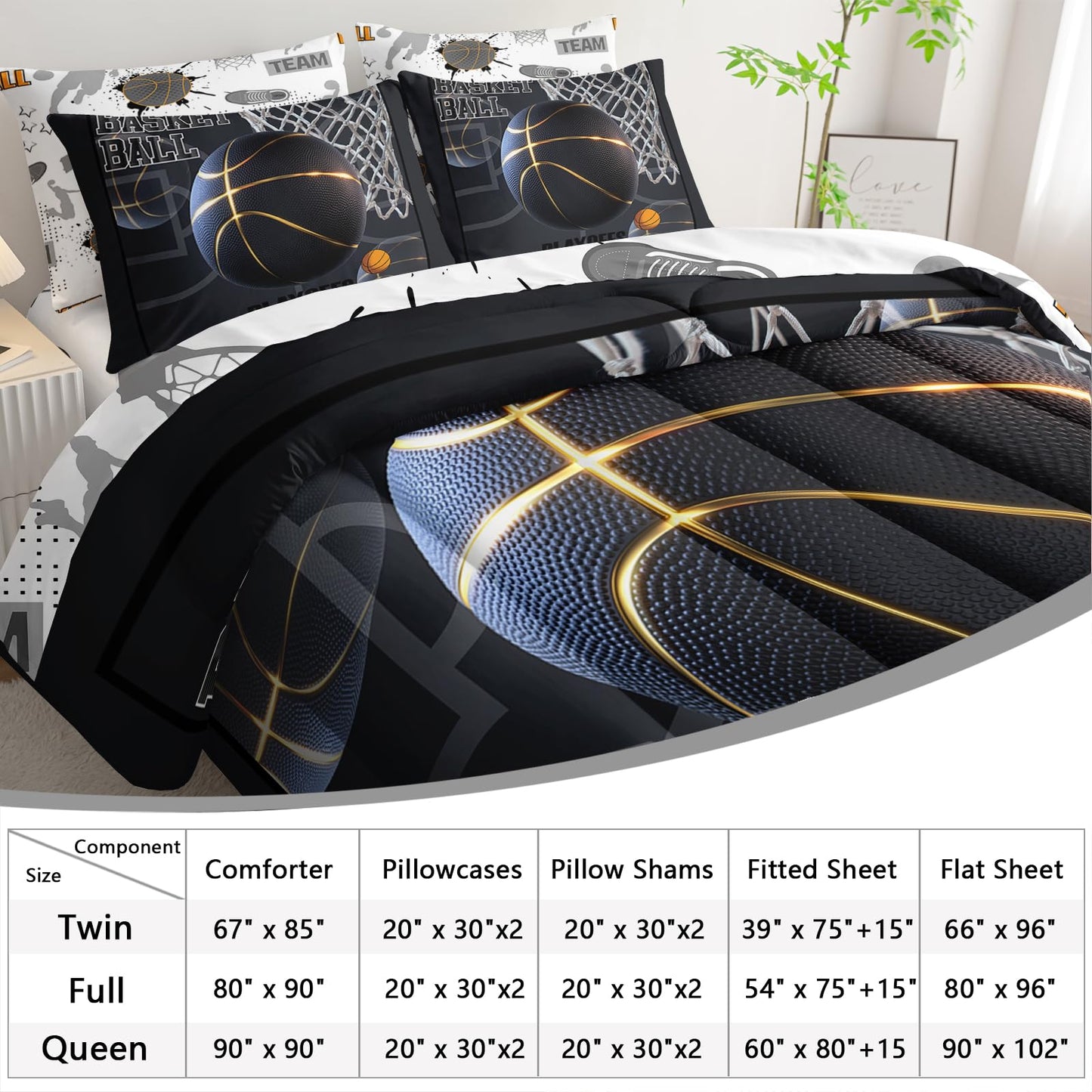 AILONEN Boys Black Basketball Comforter Set Full Size,7-Piece Soft Bed in a Bag,Sport Dunk Basketball Comforter & Fitted Sheet & Flat Sheet & 2 Pillowcases,2 Pillow Shams