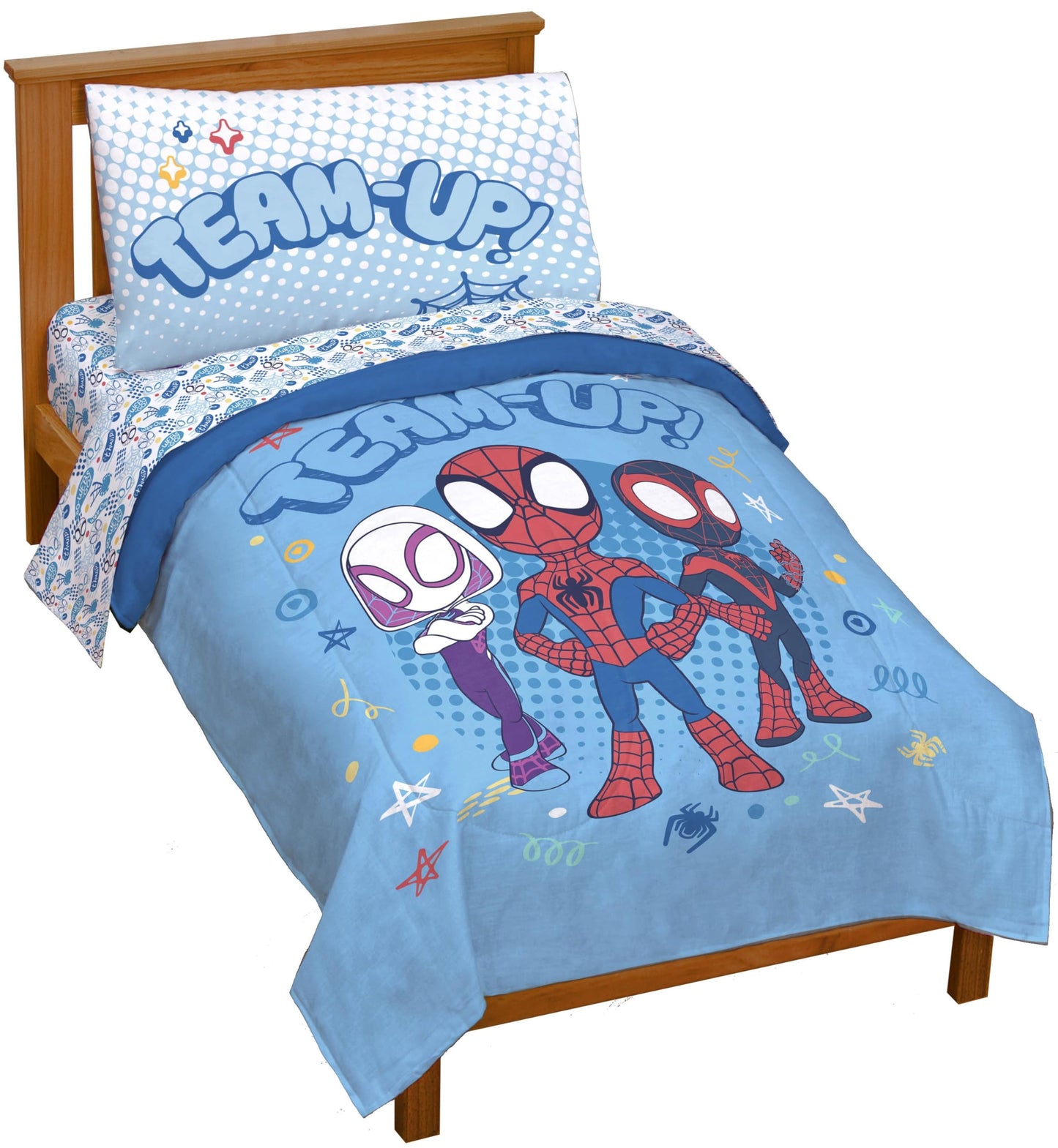Jay Franco Kids Comforter Set Includes Sheets and Pillow Covers - Soft and Cozy Bed Set for Stylish Room Decor, Light Blue - Spidey & His Amazing Friends, 4 Piece Toddler