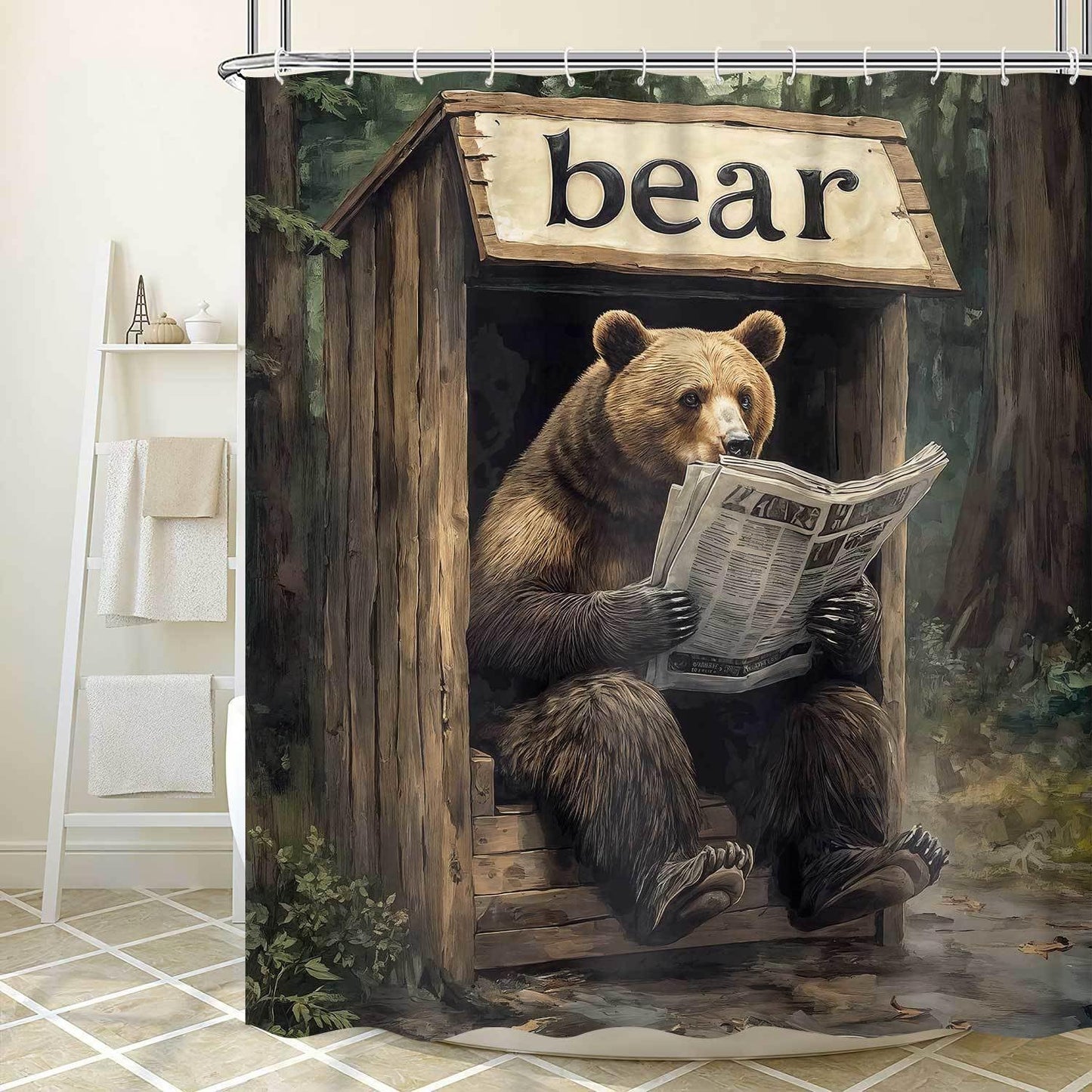 Dizifinn Rustic Bear Shower Curain, Country Cabin Woodland Bear Bathroom Accessories, Farmhouse Hunting Camp Fabric Shower Curtains for Bathroom Decor, with Hooks 72x72 Inch