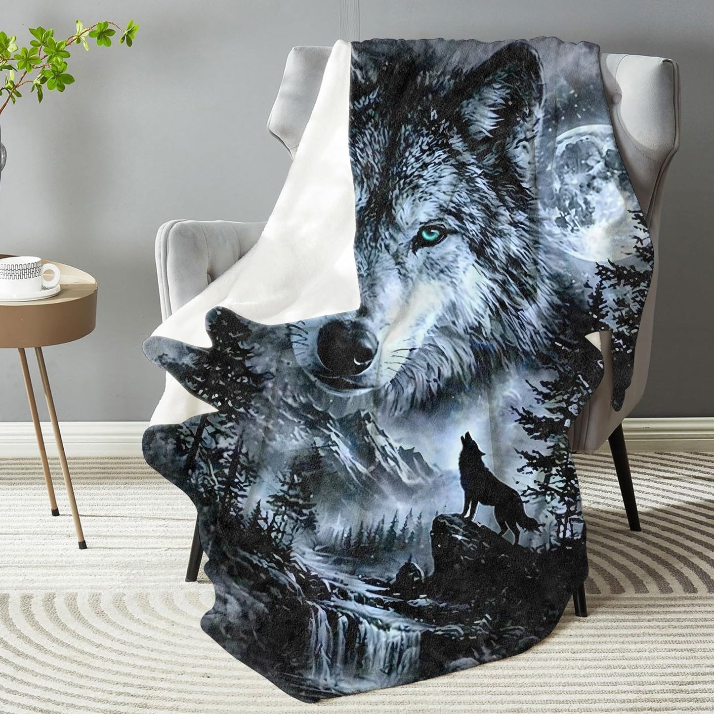 dhakalrlde Moonlit Wolf Blanket, Soft Mystical Forest Wolf Waterfall and Mountain Throw Blanket Gifts for Men Adults, Lightweight Warm Cozy 60×50 inch Wildlife Flannel for Couch, Travel, Bed, Decor