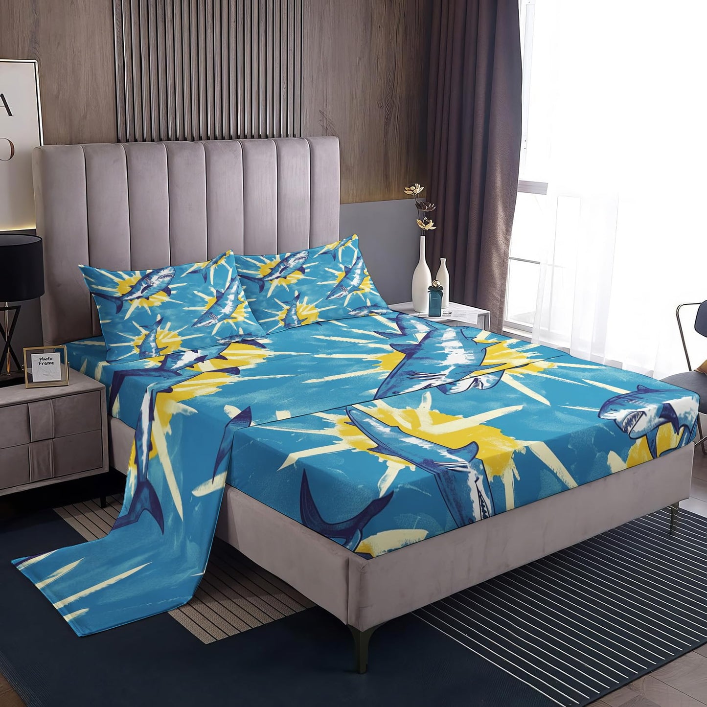 Rejkxyw King Size Sheets Set Blue Shark - Cartoon Sea Life Bed Sheets - Kids Boys Sheet Set - 12 Inch Deep Pocket - Ultra Soft Winkle Free Microfiber Bedding Sheets & Pillowcases 4 Piece